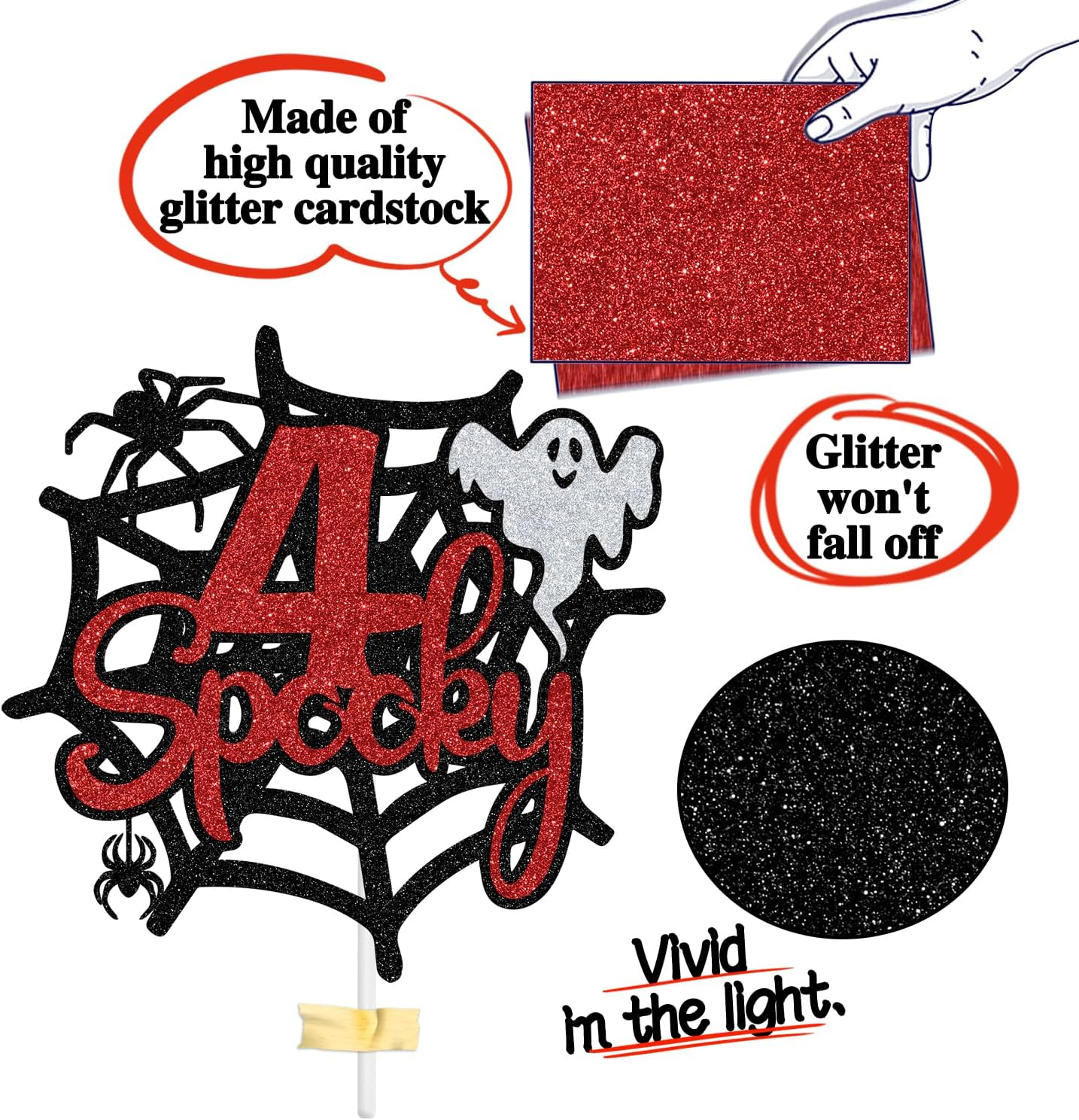 Spooky 4Th Birthday Cake Topper, Four Ever Spooky, Bat Ghost Cake Decor Halloween Theme 4Th Birthday Party Decorations Supplies for Boys Girls, Black Glitter image number 3