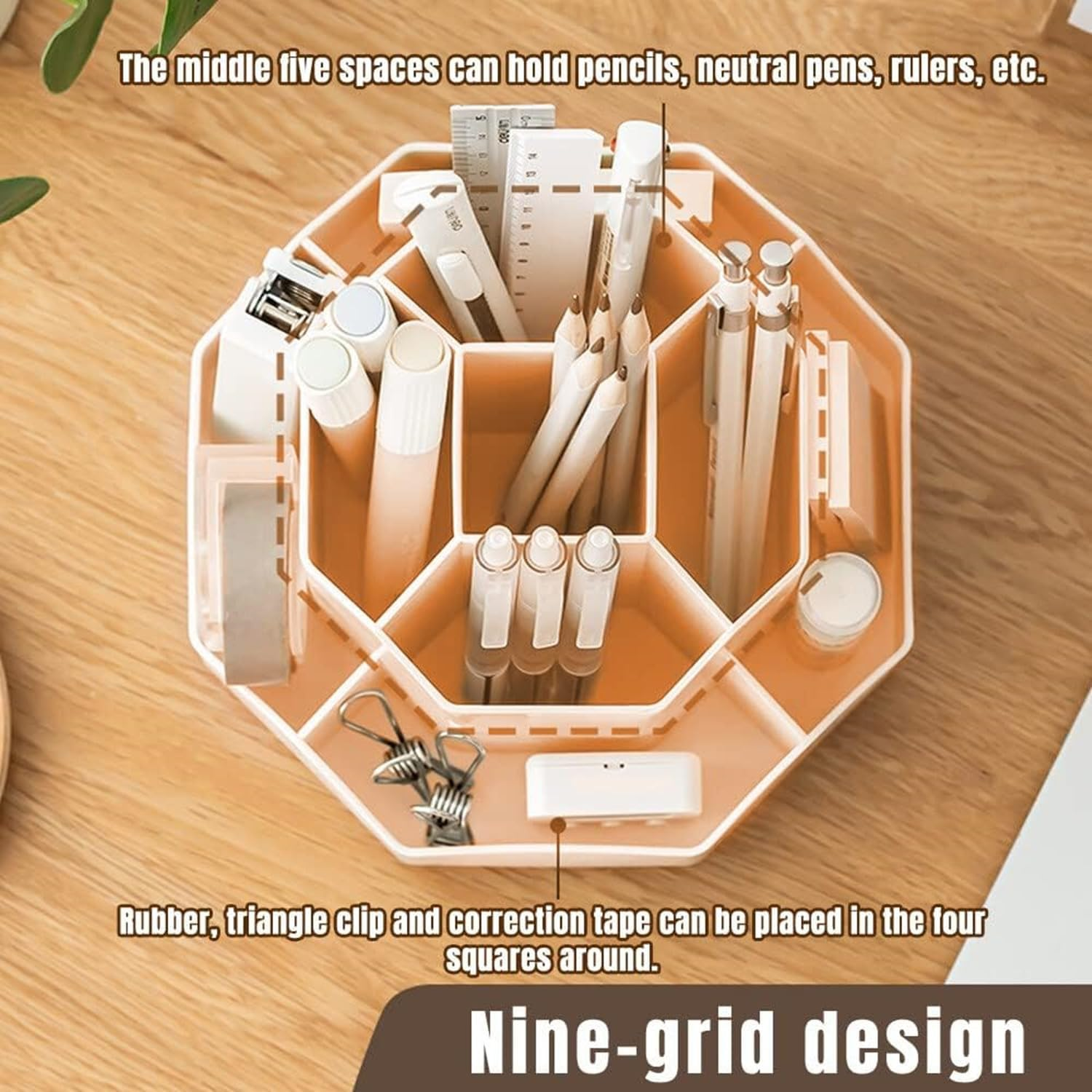 JCZD Rotating Pen Holder, Stationary Organiser, Pen Holder for Desk 9 Compartments, Upgraded Large Capacity 360&deg;Rotatable, Can Accommodate Pencils, Colored Pens, Various Stationery (Pink) image number 1