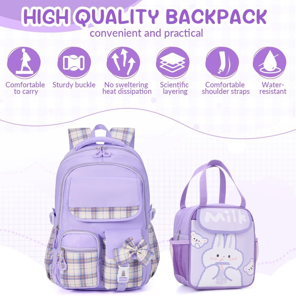 WOTOW School Backpack for Girls, Large Capacity Water Resistant Schoolbags with Lunch Bag Pencil Case & Cute Pendants, Ideal Children Teens Primary to Middle School - Pink image number 6