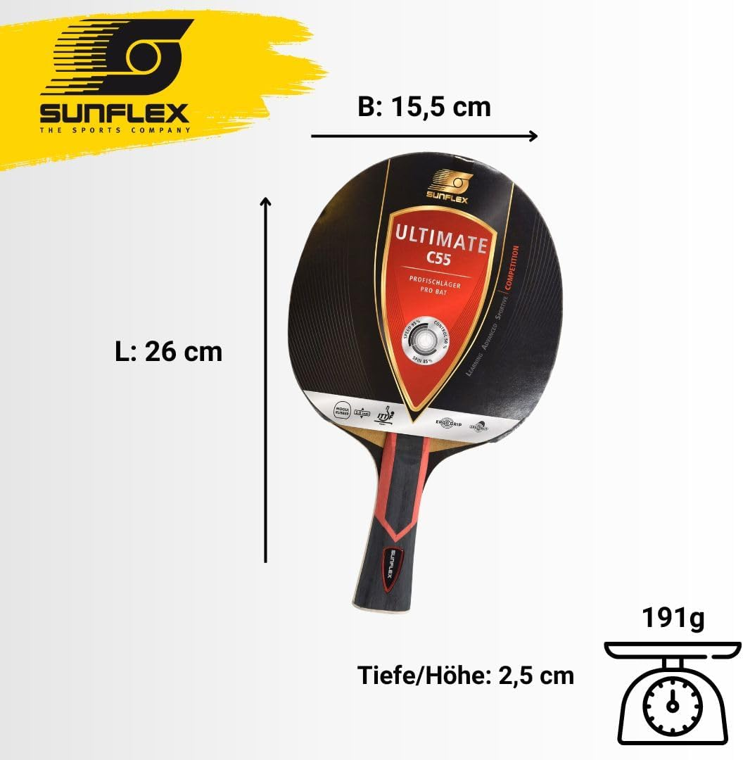 SUNFLEX Ultimate C55 Table Tennis Bat, Competition Bat for Fast Offensive Play, ITTF Approved Mogul Rubber with 2.0Mm Sponge, Ergo Grip & Shock‑Absorber‑Tube Handle image number 1