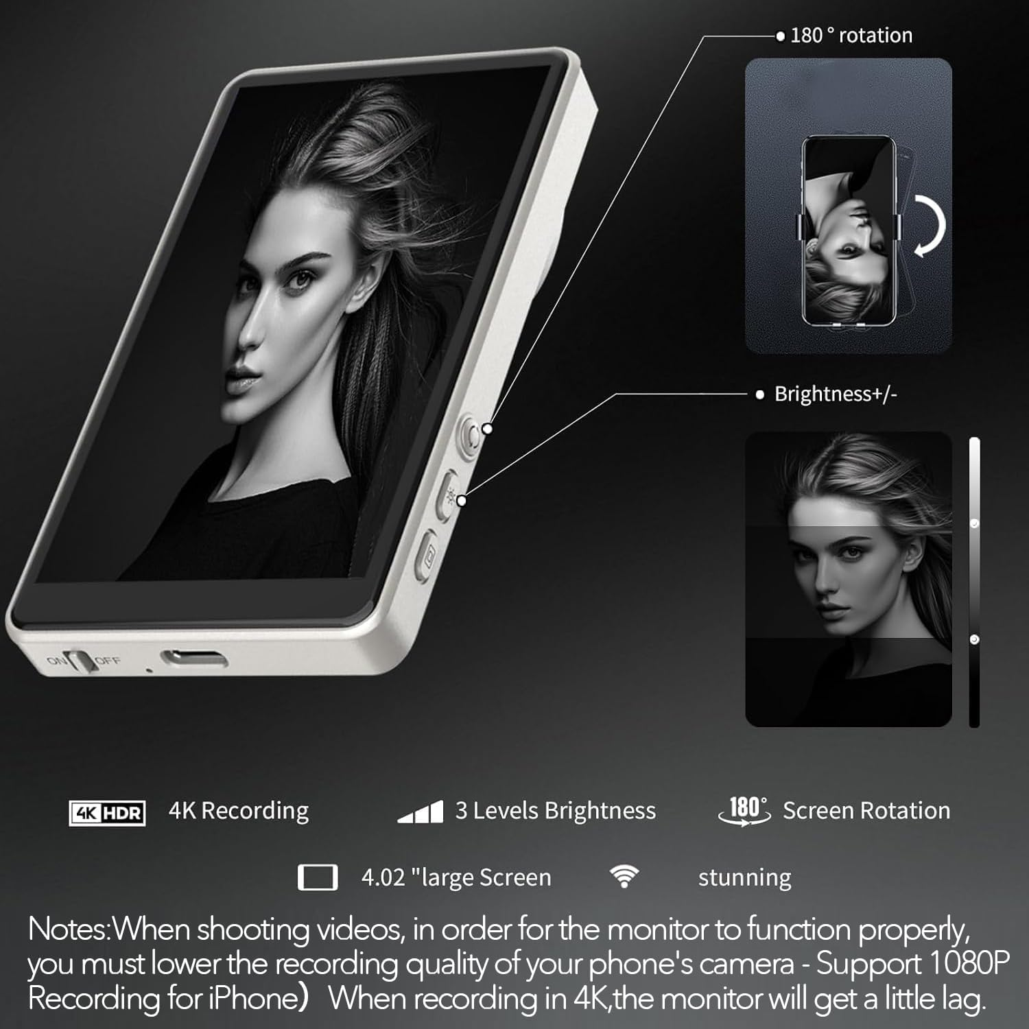 Magnetic Vlog Selfie Monitor Screen for Phone Vlog Selfie Monitor Screen Magnetic Mount for Magsafe Rear Camera for Selfie Vlog Live Stream Video Recording Wireless Connection (White) image number 1