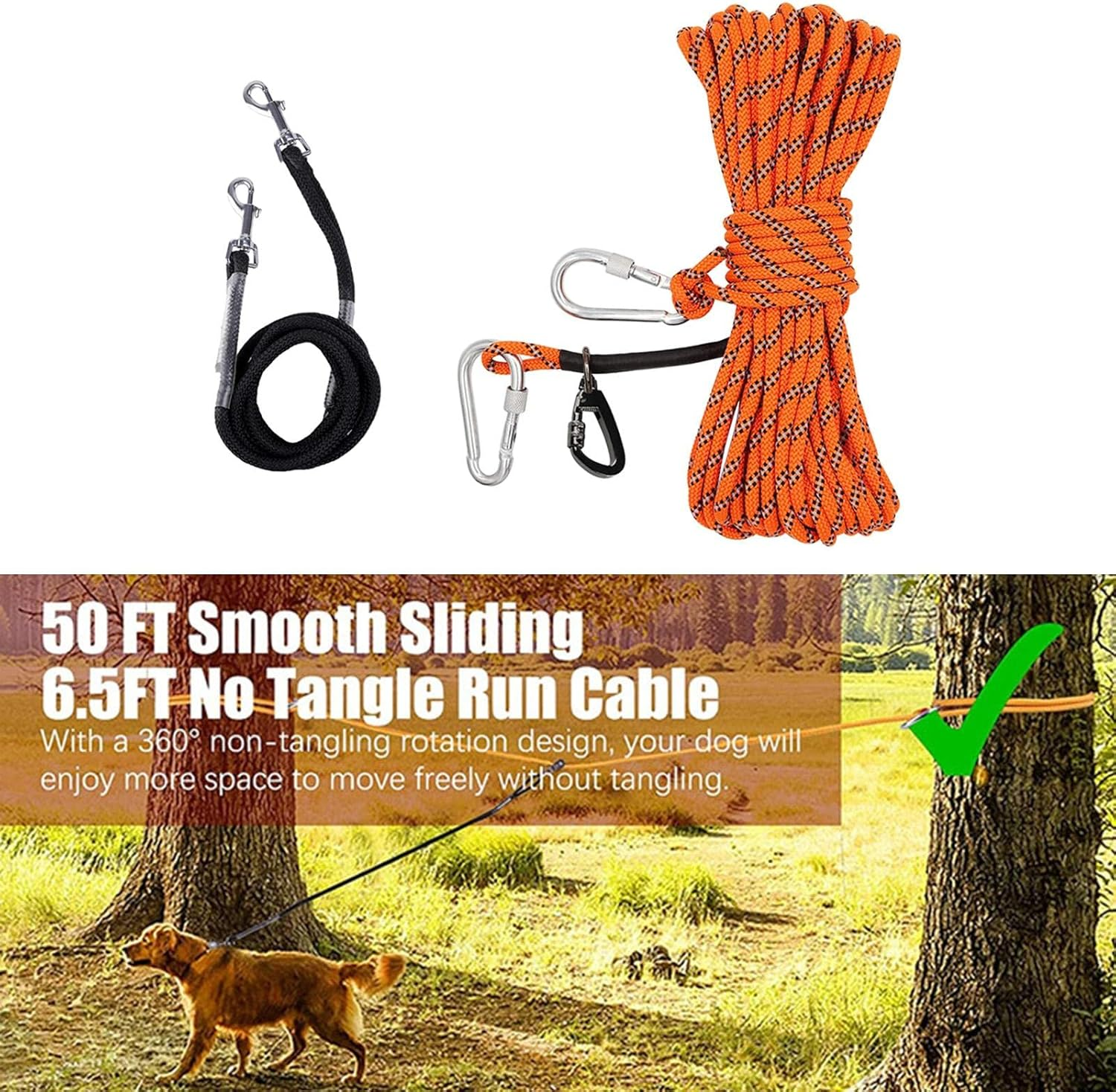 JISADER 50Ft Dog Trolley Runner Cable Carabiners Pulley Smooth Sliding Tether Ropes Outdoor Activities Gardens Camping image number 3