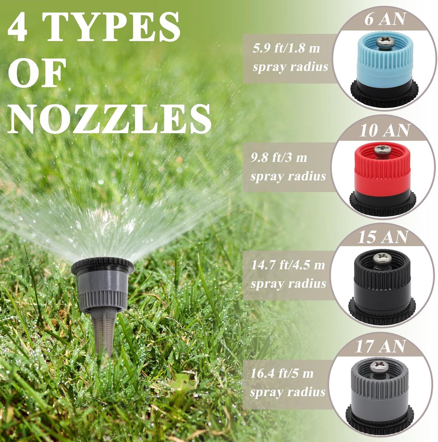 16Pcs Variable Arc Nozzle Replacement Pop up Sprinkler Heads for Hunter, Rainbird, Adjustable Irrigation Nozzle High Efficiency Orbit Pop-Up Sprinkler Heads for Garden Lawn (6AN, 10AN, 15AN, 17AN) image number 6