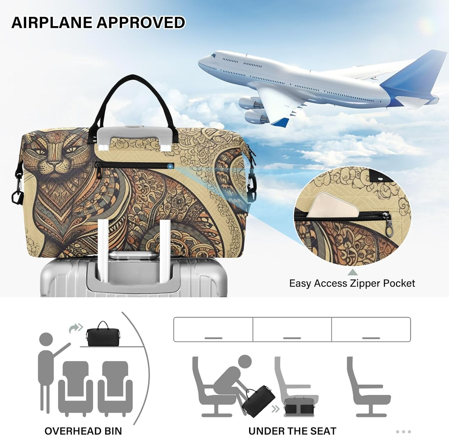 WOIWB Duffel Bag Set with Toiletry Bag for Travel Gym Sport, Luggage Sleeve Weekender Bag Carry on Overnight Bag-Tribal Pattern Cat Print, Multicolor, 20.5 X 7.9 X 13.8 Inches+9.1 X 3.5 X 5.9 Inches image number 5