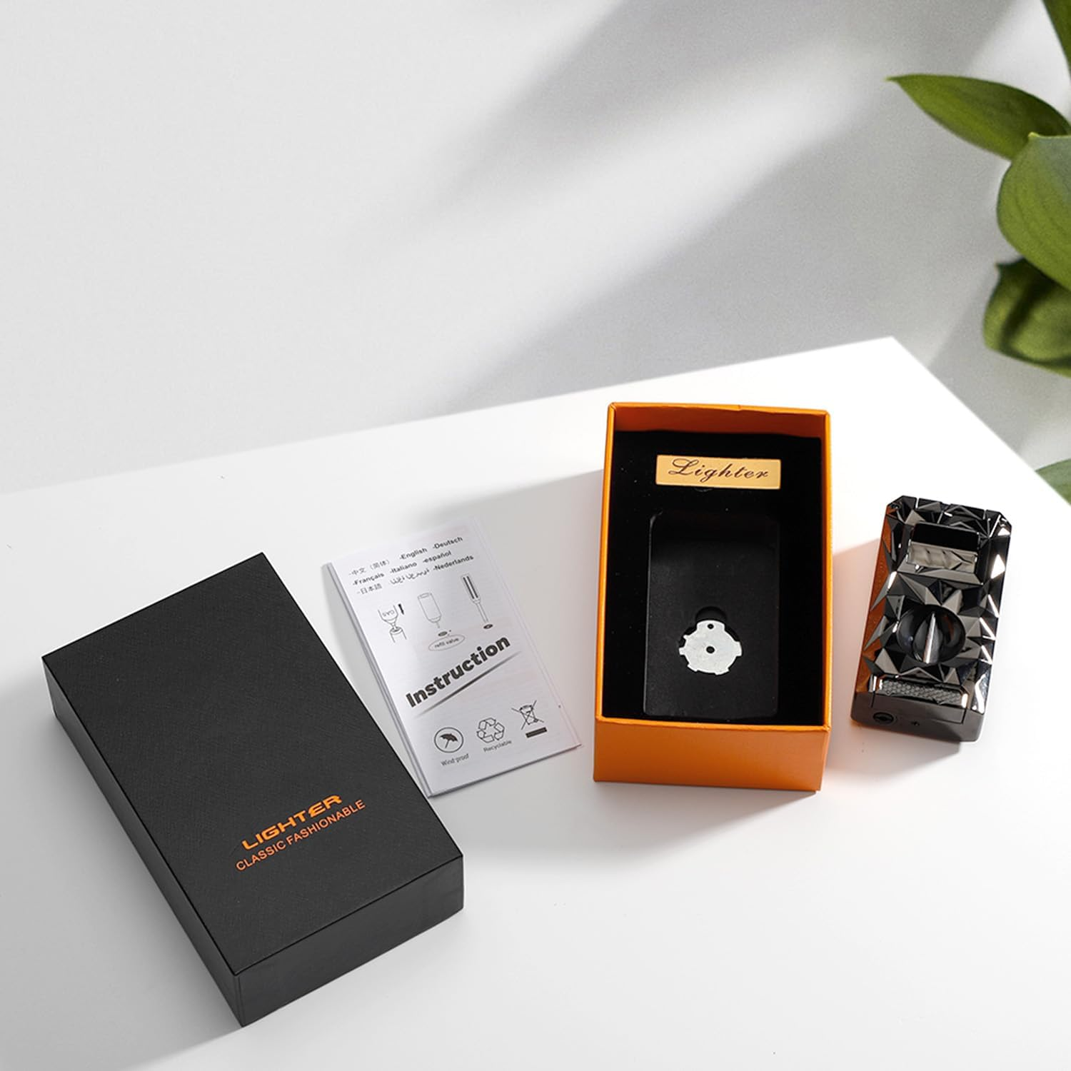 Torch Lighter with Windproof Jet Flame, Built-In V Cutter & Needle, Refillable Butane Gas Metal Lighter, Multifunctional All-In-One Pocket Lighters for Candles Men Gifts (Without Gas) (Black) - Black image number 4