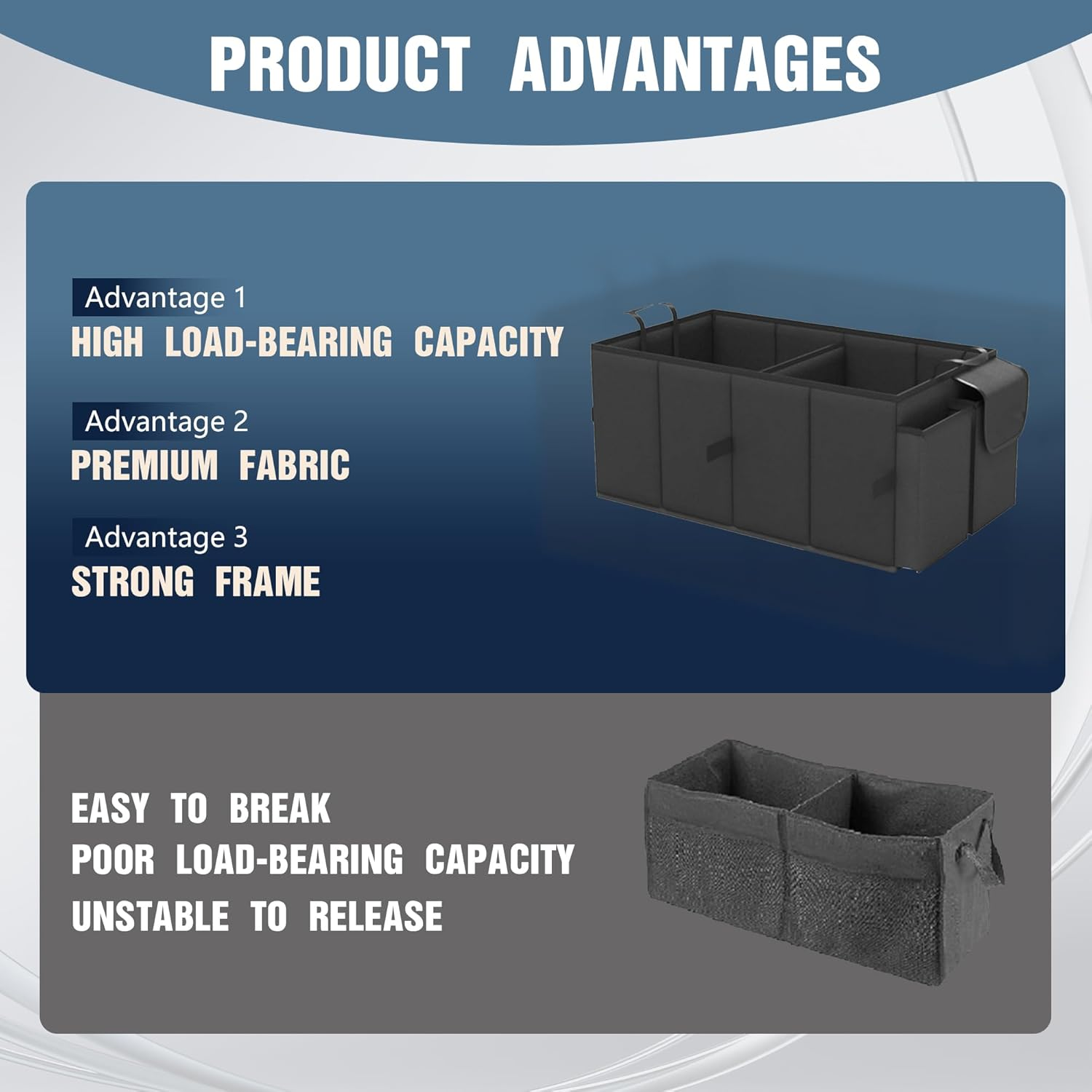 Car Boot Organiser, Car Organiser Box, Foldable Trunk Storage Bag for Storing Car Accessories, Tools, Sundries, with Two Compartments, Black, 22"X13"X11" image number 4