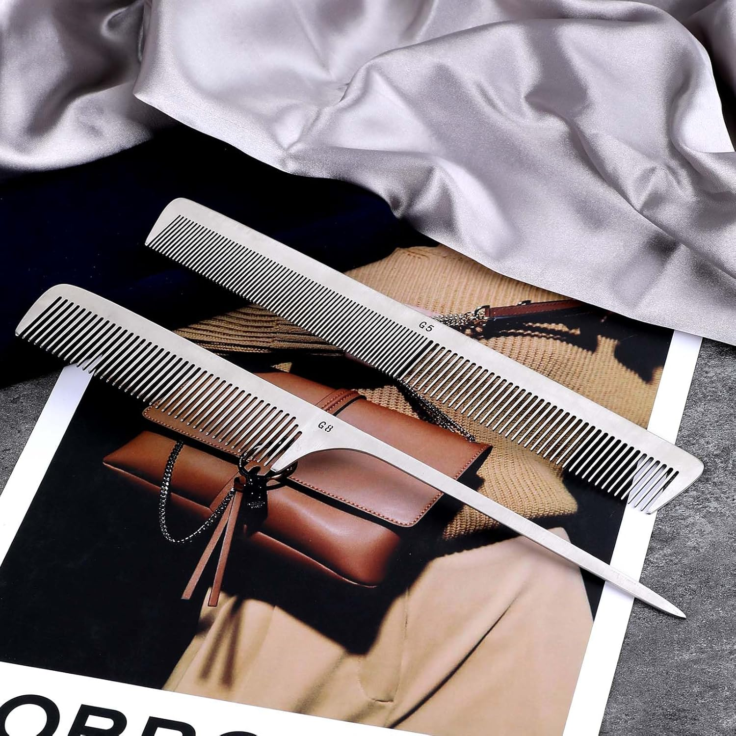 2 PCS Stainless Steel Hair Comb Set - Metal Rat Tail and Flat Top Barber Comb with Metal Pick for Teasing, Styling, and Cutting image number 6