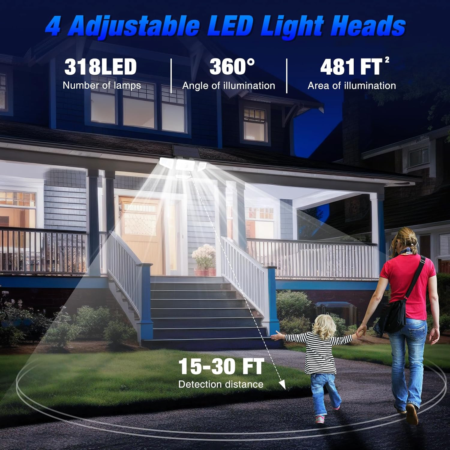 Peasur Pack of 4 Solar Lights for Outdoor Use with Motion Sensor, 318 LED Solar Lights Outdoor, IP65 Waterproof Solar Outdoor Light for Garden, Balcony, Garage, Fence image number 3