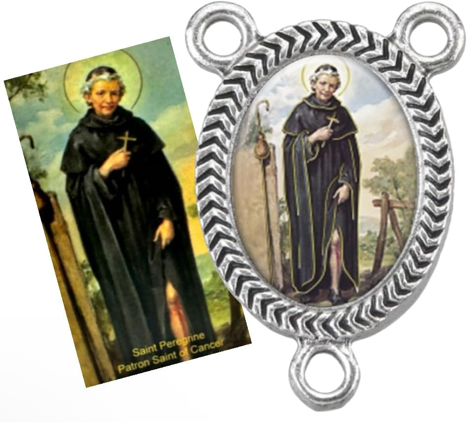 Westmon Works St Peregrine Rosary Centerpiece Set Italian Metal Center Medal with Saint Prayer Holy Card
