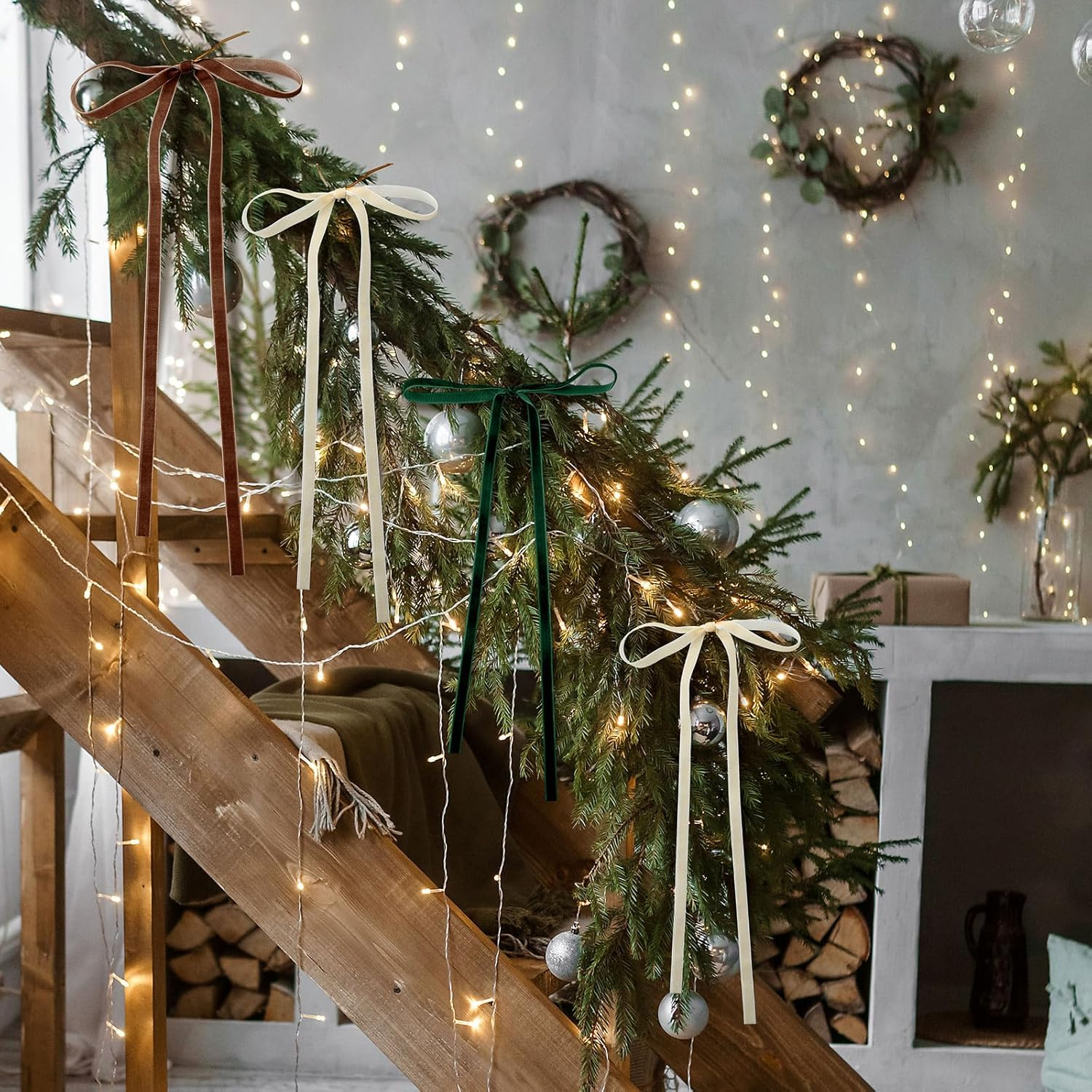 Brown,Dark Green,Beige 24 Pcs Velvet Bows Christmas Tree Ornaments Valentines Day Bows Decoration for Garland Home Coquette Wedding Decor (9 X 13 Inch,Width of 3/8") image number 2