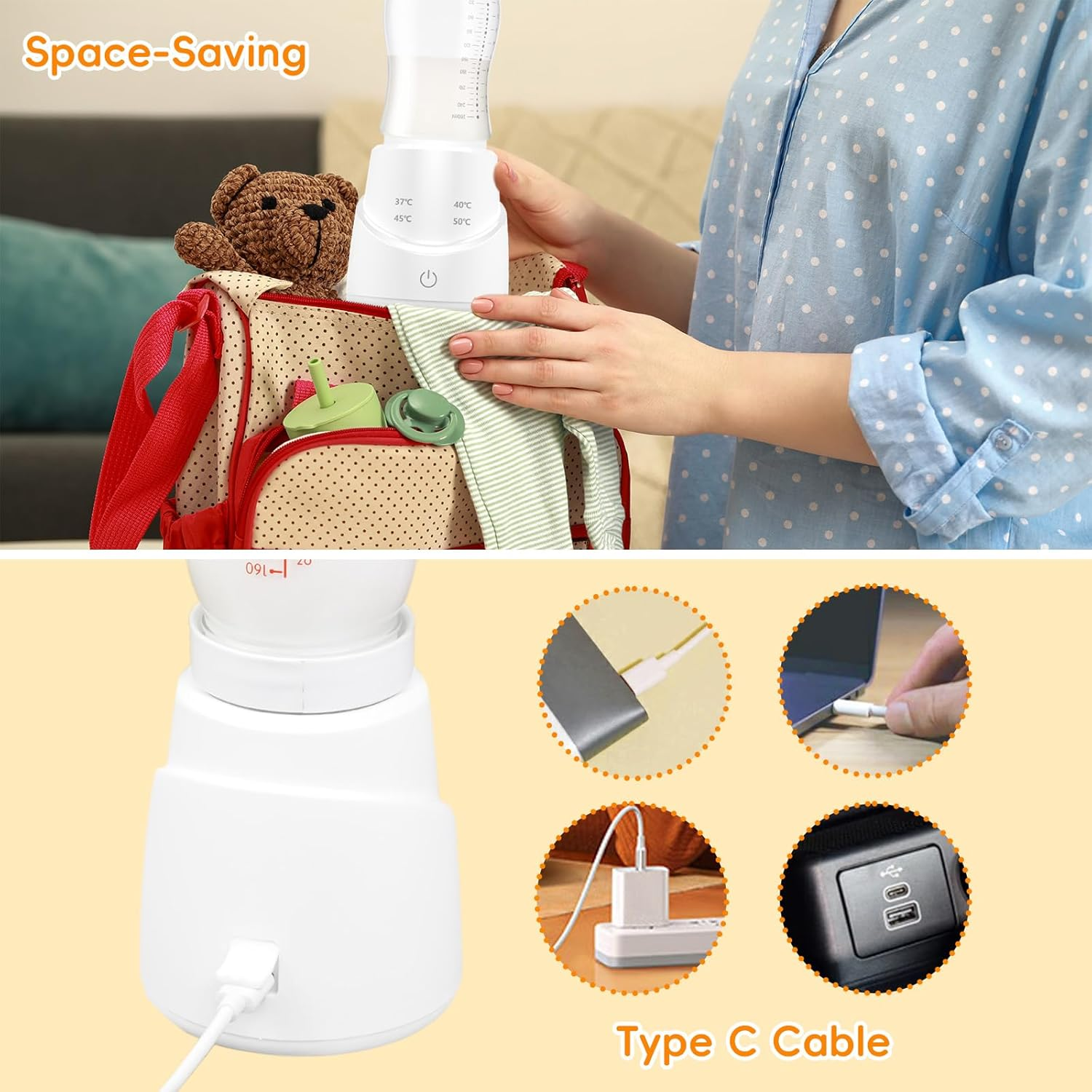Advwin Portable Milk Warmer, Fast Baby Bottle Warmer for Breastmilk, Formula, Water, USB Rechargeable Bottle Warmer for Travel, W/ 4 Apapters image number 3