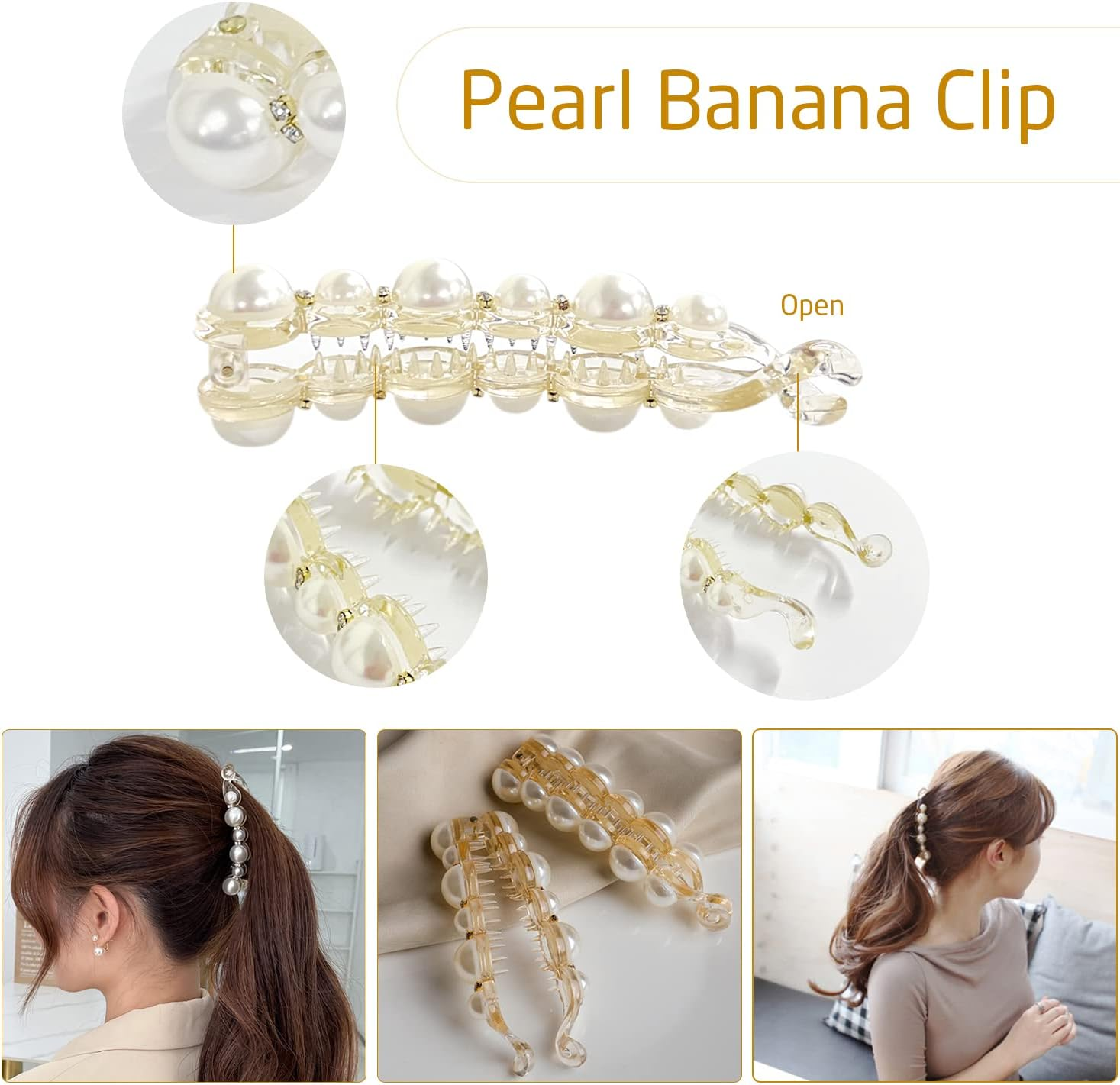 4 Pcs Banana Hair Clips, Double Combs Fishtail Pearl Hair Clip Hair Accessories, Retro Plastic Comb Grips Hair Comb Clips, DIY Hairstyles, for Thick Fluffy Hair, Curly Hair. image number 4