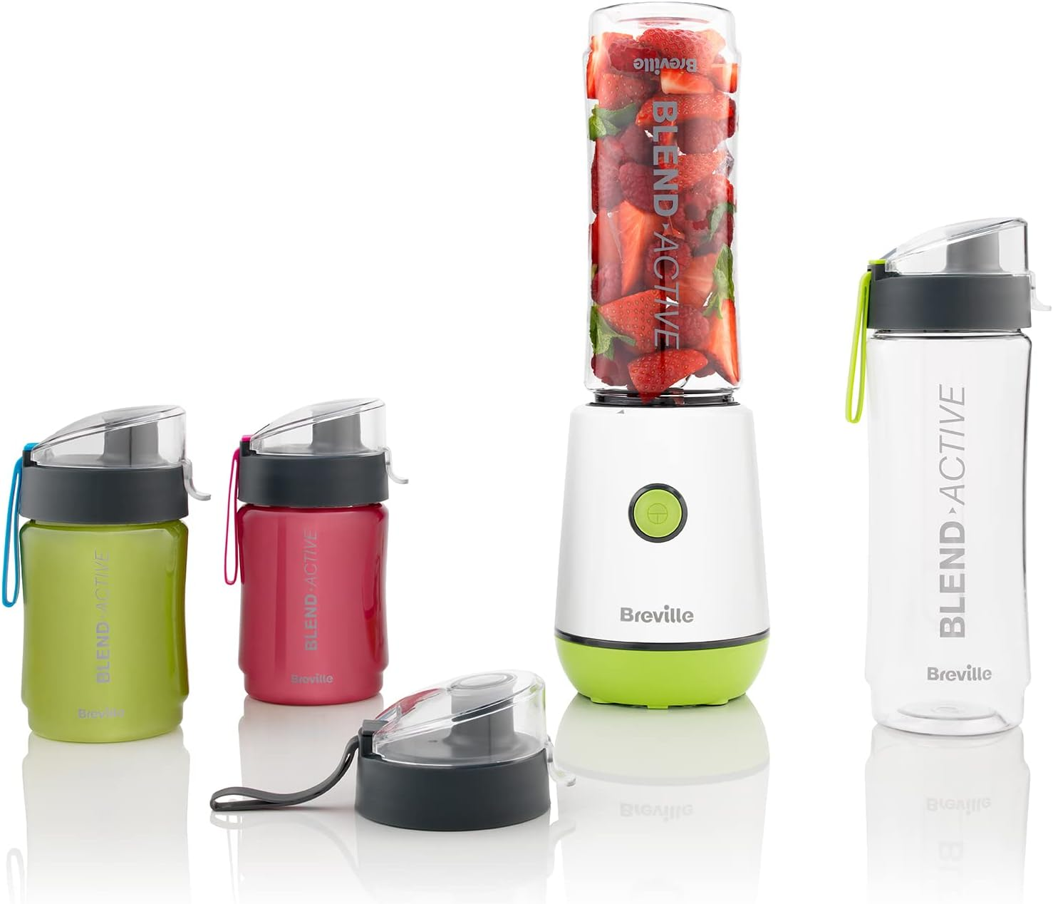 Breville Blend Active Personal Blender & Smoothie Maker | 350W | Family Pack | 4 Portable Blend Active Bottles (300Ml | 600Ml) | Leak Proof Lids | White & Green [VBL252]