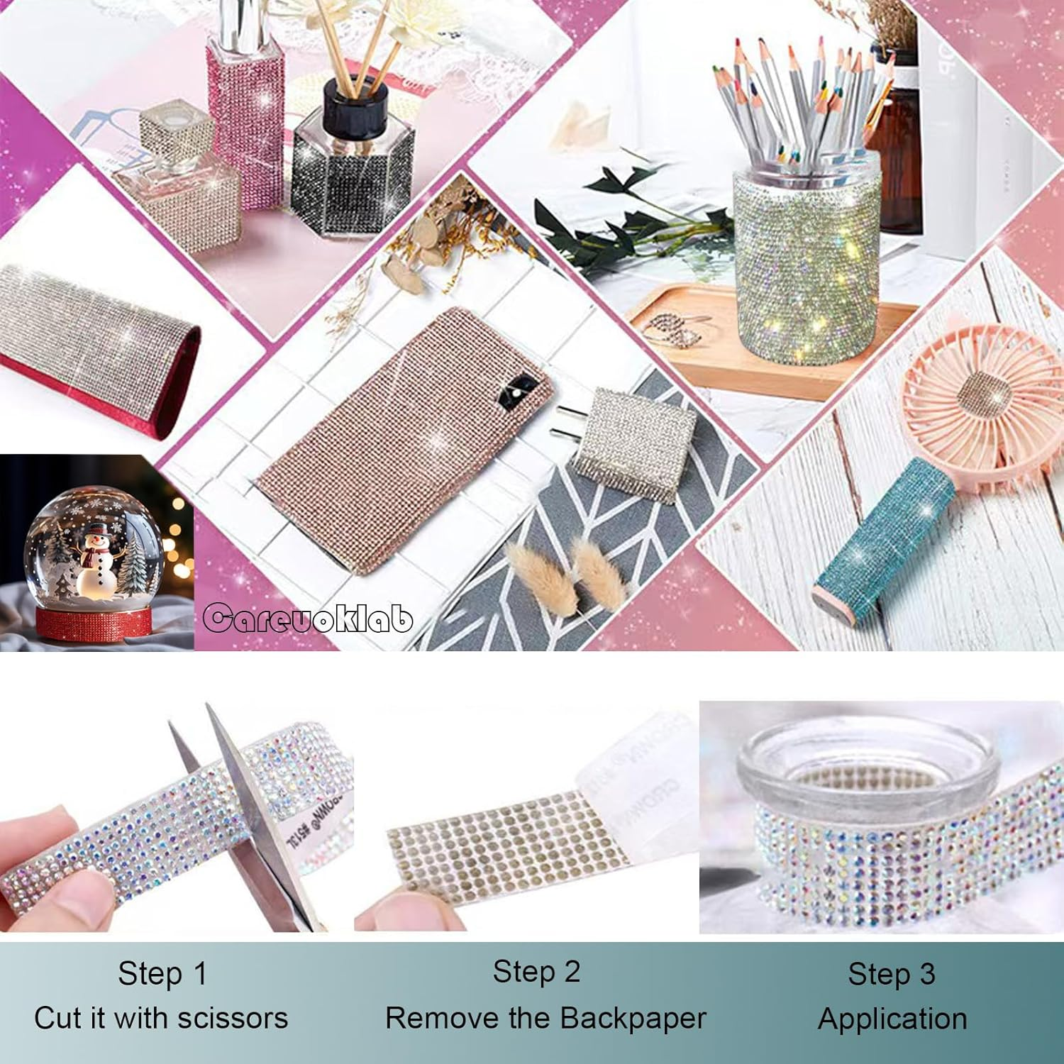 4 Rolls 8 Rows Self Adhesive Rhinestone Ribbon Crystal Diamond Sticker Bling Ribbon DIY Decoration with 2 Mm Rhinestone for Wedding Party Decor, DIY Art Craft 4 Yards (Crystal Clear) - Emerald/Green image number 2