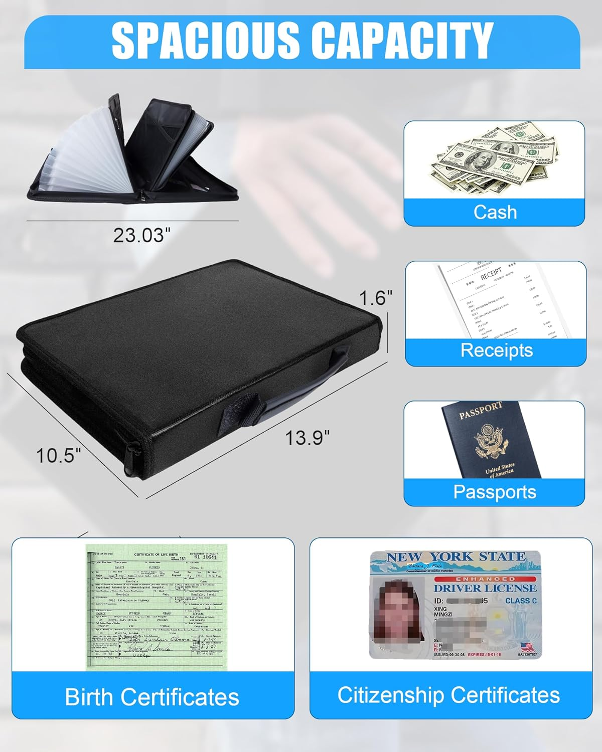 Fireproof Document Bag,A-Z -Accordion File Organizer 26 Pocket with Handle,Holder for Documents, Cash, Receipt, Birth Certificate, Passport, Citizenship Certificate, Etc. image number 4