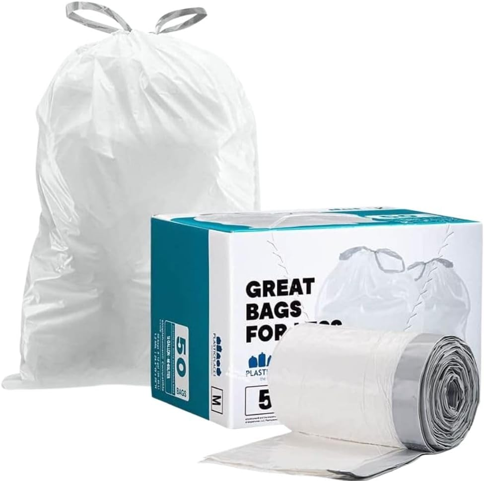 Plasticplace Trash Bags │ Simplehuman Code M Compatible (50 Count) │ White Drawstring Garbage Liners 12 Gallon / 45 Liter │ 21.5" X 30.75" image number 2