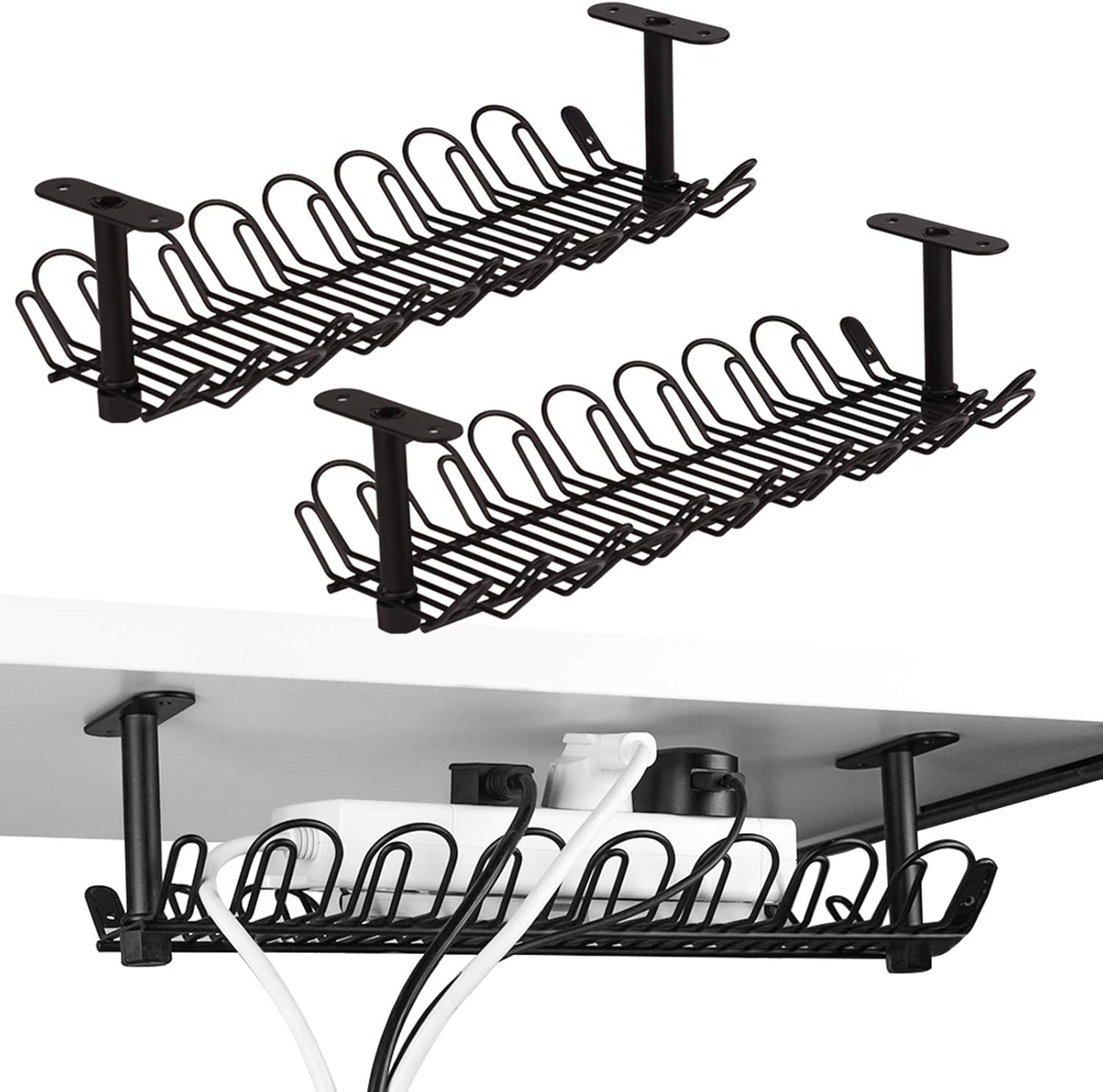 Under Desk Cable Management Tray 2 Packs, 36.5Cm Cord Organizer for Wire Organization, Heavy Metal Holder for Computer Home Office Kitchen Workstation to Cover and Hide Power Strips (Black) image number 3