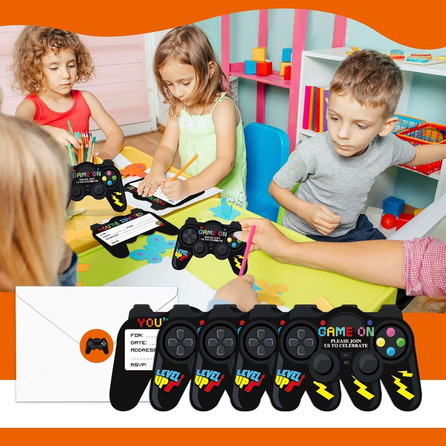 Tevxj 30 Pack Video Game Birthday Party Invitations Cards Envelopes Video Game Party Supplies Fill in Birthday Invite Cards Stickers Kids Boys Girls Game Lovers Birthday Party Decorations Favor 7X5'' image number 5
