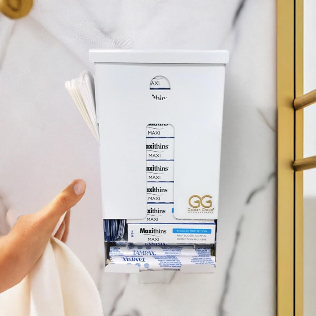 Tampon and Pad Dispenser, Compact, Free Vending, White Steel Restroom Fixture