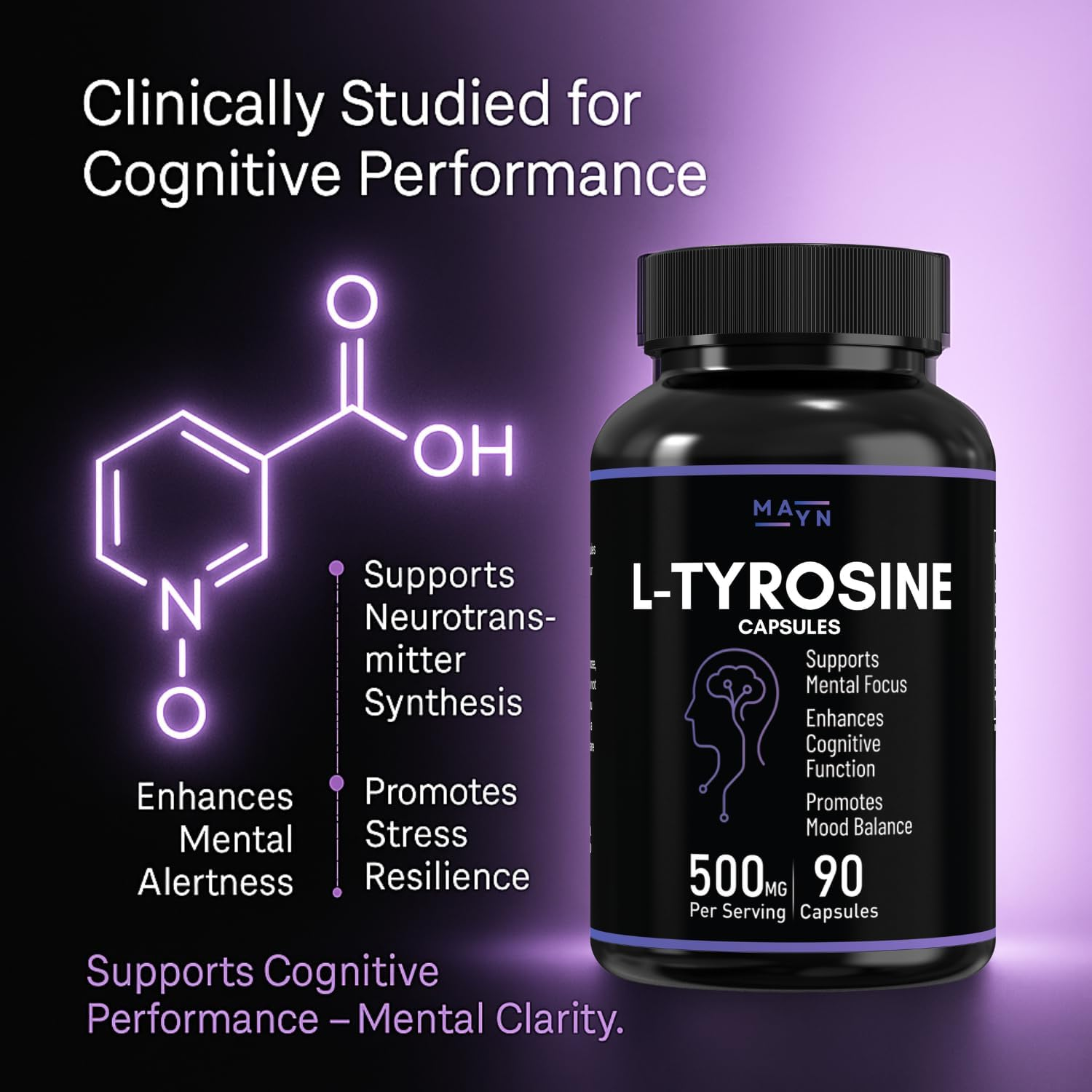 L-Tyrosine 500Mg &ndash; 90 Vegan Capsules | Non-Gmo, Gluten-Free, No Fillers | Dietary Supplement for Adults by MAYN image number 1