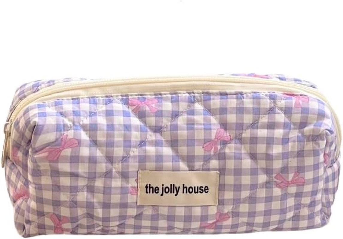 DDPOND Coquette Preppy Makeup Bag Quilted Aesthetic Make up Plaid Bow Tie Pouch Accessorie (Purple)