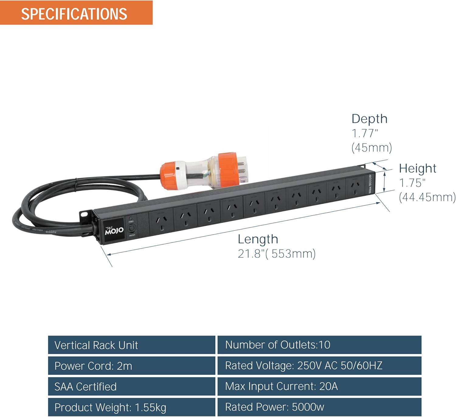 Tecmojo 10 Outlet Vertical Rack Mount PDU Power Strip,Power Distribution Unit for Server Cabinet, 2M Power Cord, Industrial Plug, Overload Protection, 250V 50/60HZ, Black image number 4