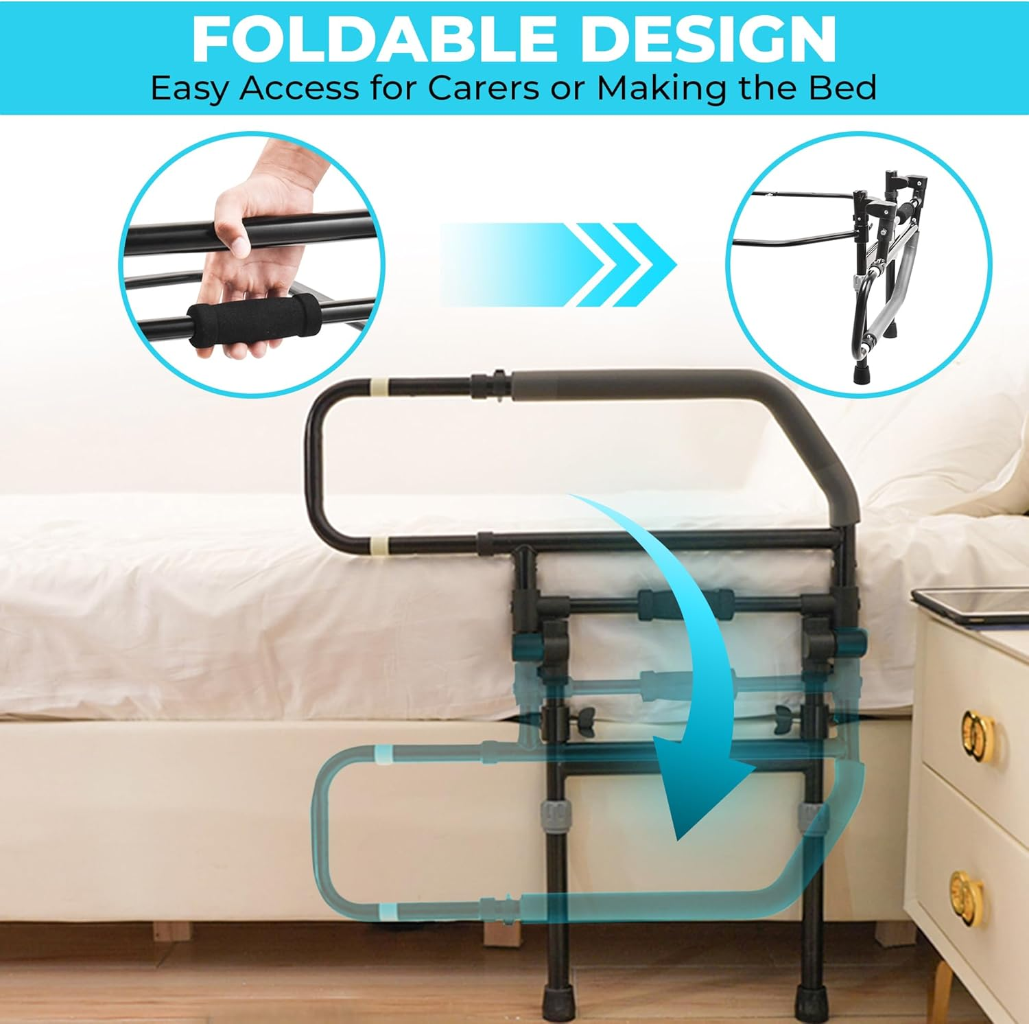 Heavy Duty Bed Rails for Elderly Adults (150Kg Capacity) - Foldable Support Handle W/Adjustable Legs &ndash; Any Size/Queen/King Size Bed Rail for Elderly Safety - Australian Owned Mobility Aid image number 6