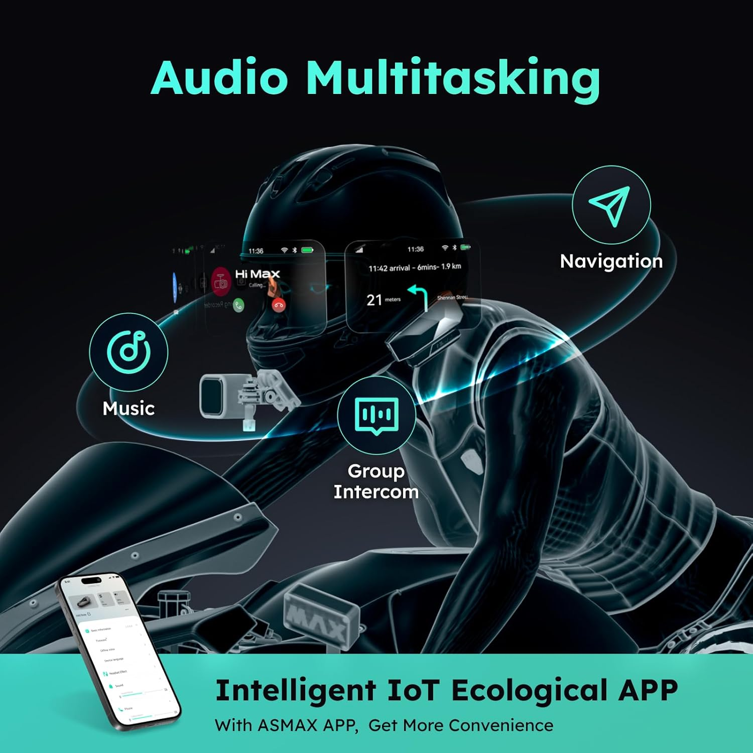 ASMAX F1 Motorcycle Bluetooth Headset with Hi-Fi Speakers for Atv/Snowmobile/Ski, 10 Riders Mesh Helmet Communication Systems with FM Radio, AI Voice Control Motorcycle Intercom with Fast Charging