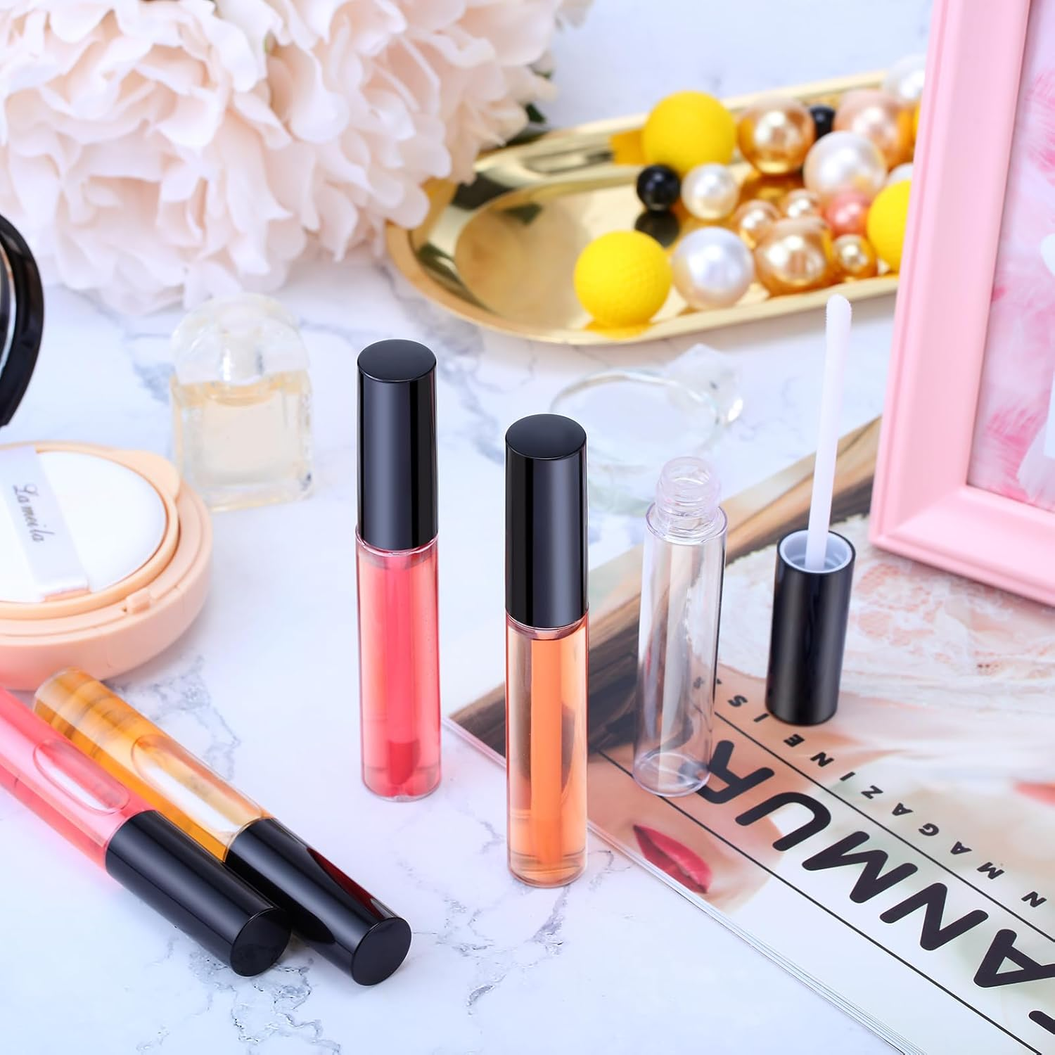 Nuanchu 100 Pcs 10 Ml Empty Lip Gloss Tubes Clear Mini Refillable Lip Balm Gloss Containers Bottles Plastic Lip Gloss Containers Lip Gloss Tubes with Wand and Rubber Inserts DIY Makeup (Black) - Rose Gold image number 2