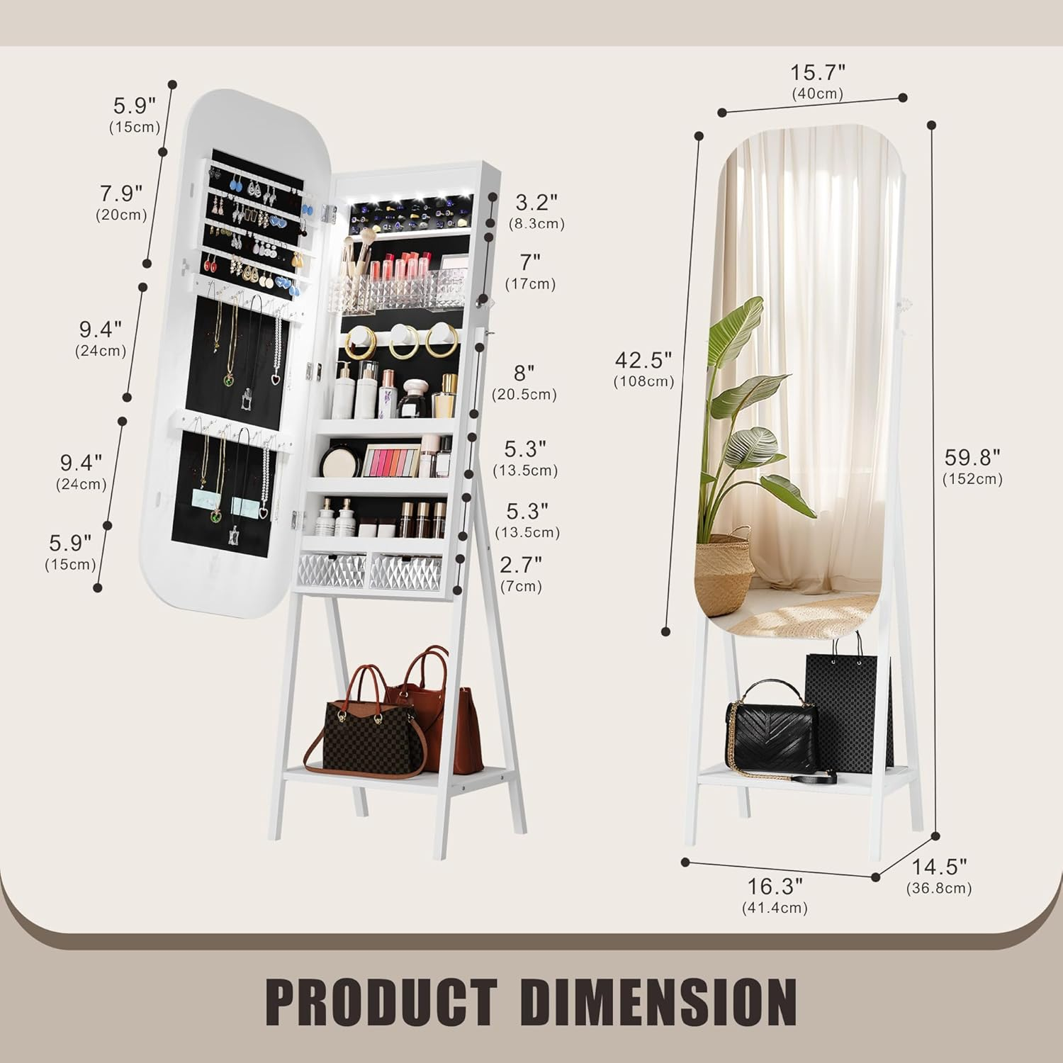 Dystler Mirror Jewelry Cabinet - Wall/Door Mounted Jewelry Armoire with Large Capacity - Lockable Tall Hanging Organizer - Cosmetic Storage & Gift Idea - White image number 1