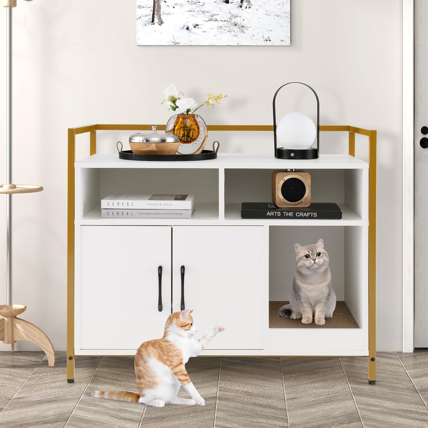 Costway Cat Litter Box Enclosure, Hidden Washroom with Storage & Scratch Pad, Indoor Pet Crate W/Golden Metal Frame, Modern Furniture for Bedroom, Living Room, White,(Pv10054Wh-Costway) - Coffee image number 2