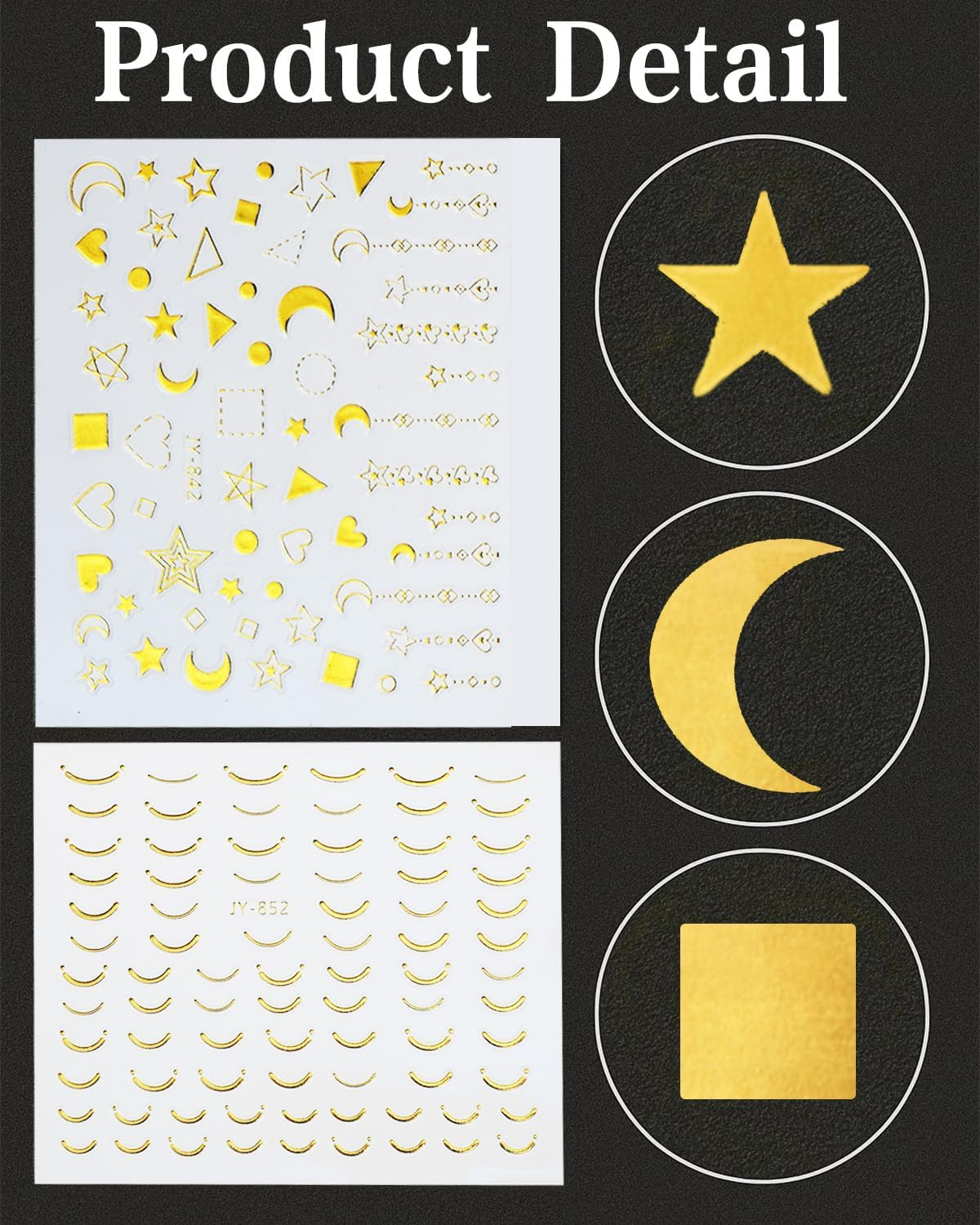 60 Sheets Gold Silver Nail Art Stickers, Star Moon Nail Decals Decor 3D Self Adhesive Geometric Stripe Wave Heart Stamp English Letter Nail Art Design Accessories for Women Girls image number 3