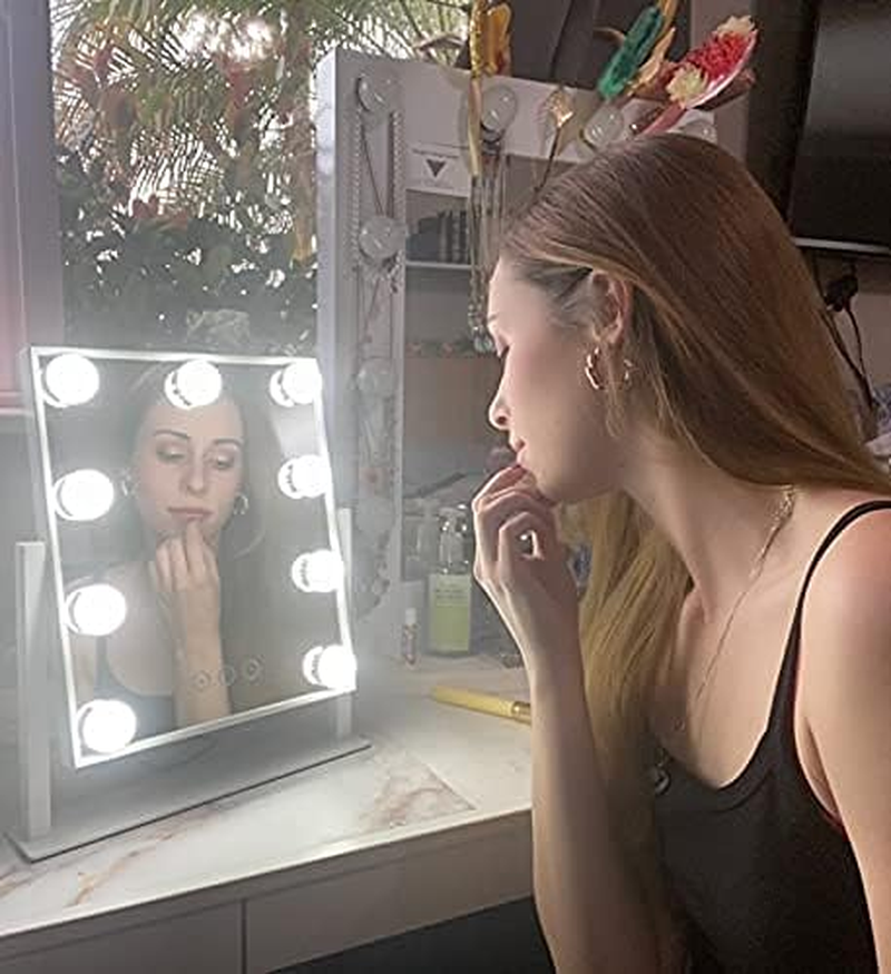 NUSVAN Vanity Mirror with Lights, Makeup Mirror with Lights,3 Color Lighting Modes Detachable 10X Magnification Mirror Touch Control,360&deg;Rotation, White. - Black-9 Bulbs image number 4