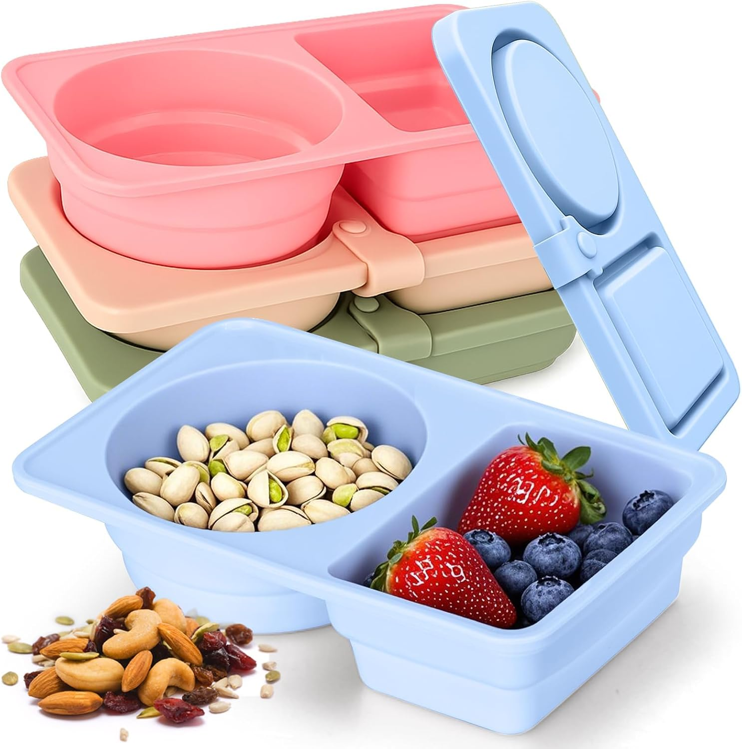 4 Pack Silicone Reusable Snack Containers with Lids, Double Compartment Snackle Box Containers, Salad Dressing Sauce Seasoning Container, Small Mini Food Snack Boxs for Travel, Office, Picnic