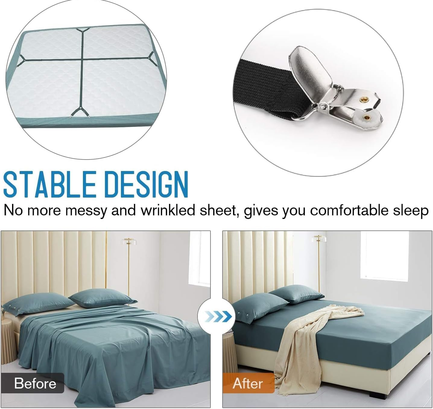 H HOME-MART Sheet Suspenders - 2Pcs Adjustable Fitted Sheet Holder Straps, Clips, Fasteners - Crisscross Elastic Band Bed Sheet Clips for Secure Fit image number 2