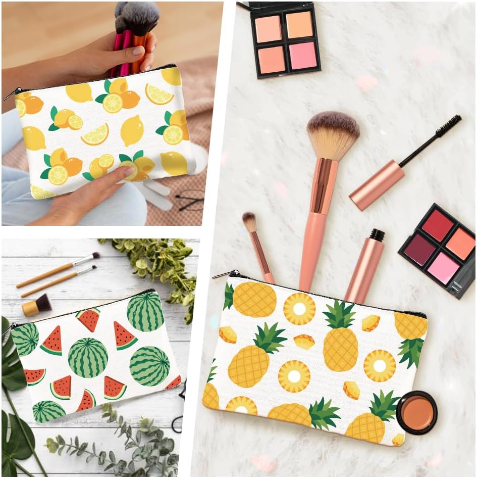 Doodlream 16Pcs Canvas Fruits Makeup Bag, 23 X 15 Cm Oranges Lemons Pineapples Cosmetic Bags Travel Organizer Portable Accessories with Zipper, Toiletry Large Capacity, Purse Organizer Pouches image number 3