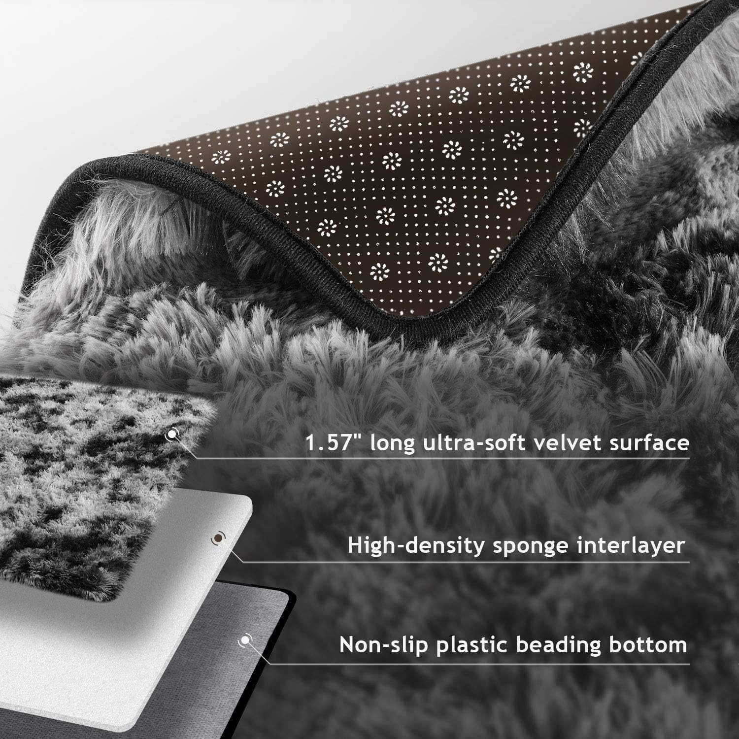 Leesentec Super Soft Indoor Modern Shag Area Silky Smooth Fur Rugs Fluffy Rugs Anti-Skid Shaggy Area Rug Dining Room Home Bedroom Carpet Floor(Black Gray, 200X250Cm) image number 2