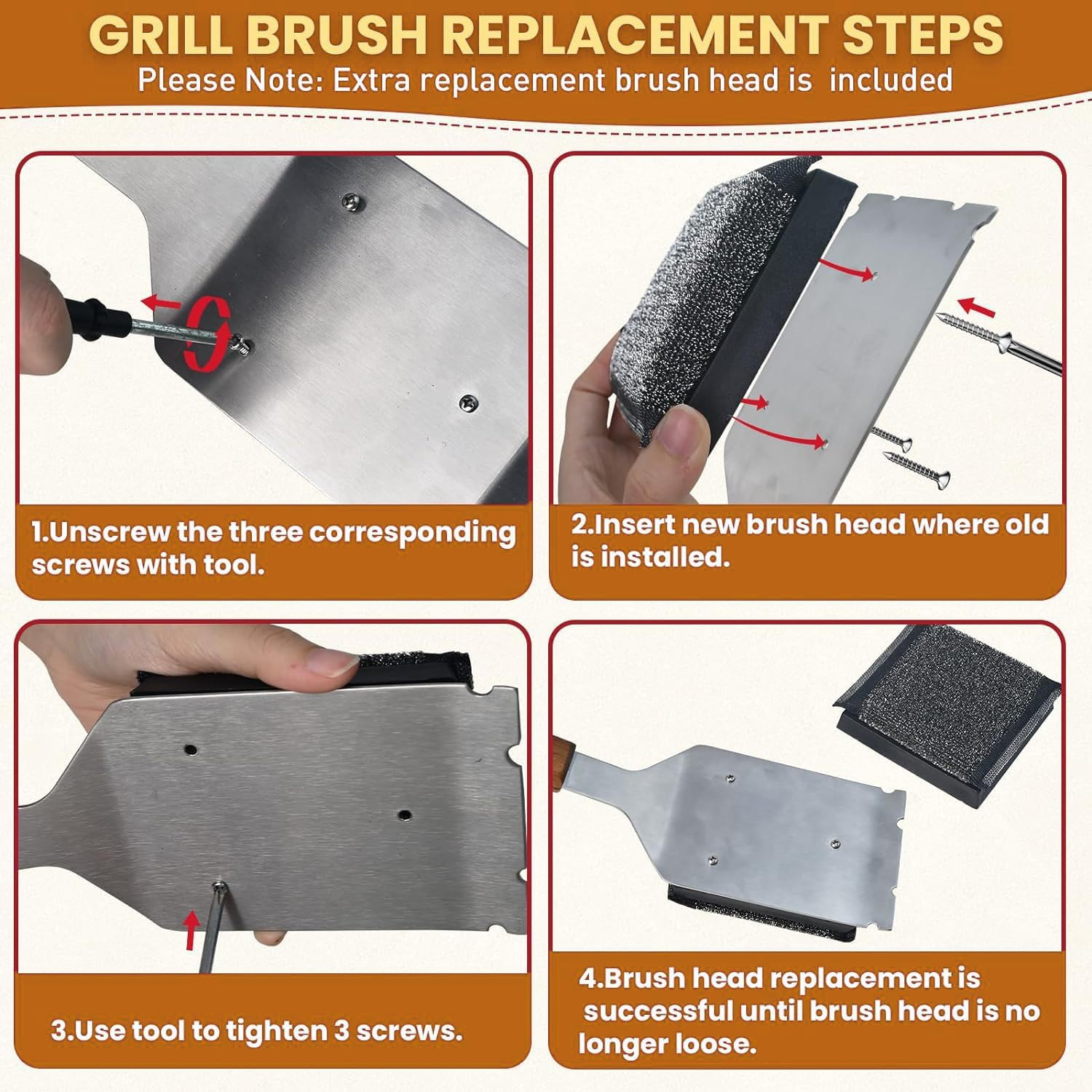 Grill Brush BBQ Cleaner Brush - Barbecue Brush for Outdoor Grill with 2 PCS Replacement Cleaning Head, Grill Cleaning Brush Bristle Free with Stainless Steel Scraper & Wooden Handle for Most Grate