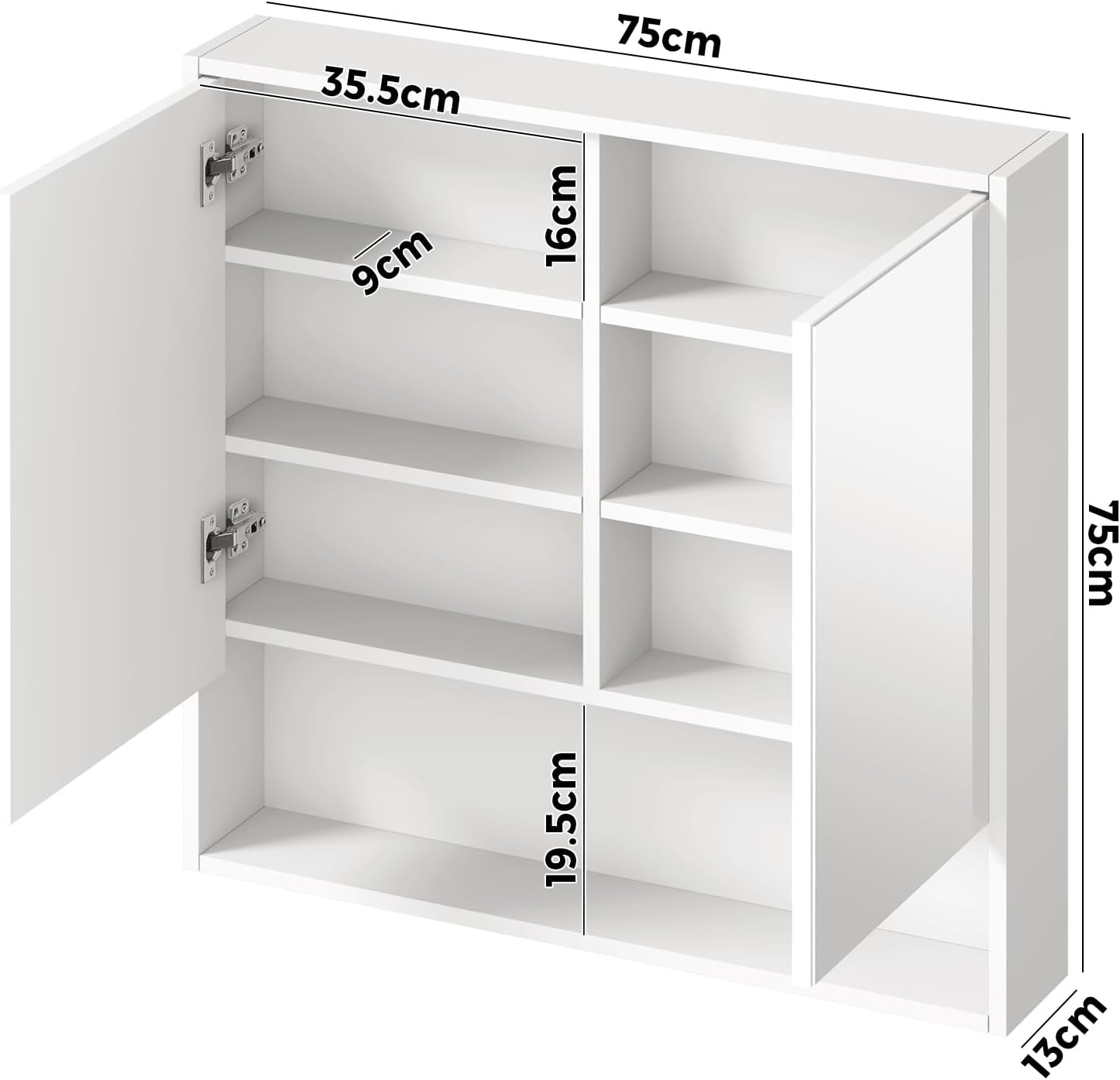 OIKITURE Bathroom Mirror Cabinet with 16 LED Lighted Colours, Bathroom Cabinet with Closed and Opened Wall Mount Storage Shelves, Cupboard Shower Mirror, White, 75&times;75Cm image number 7