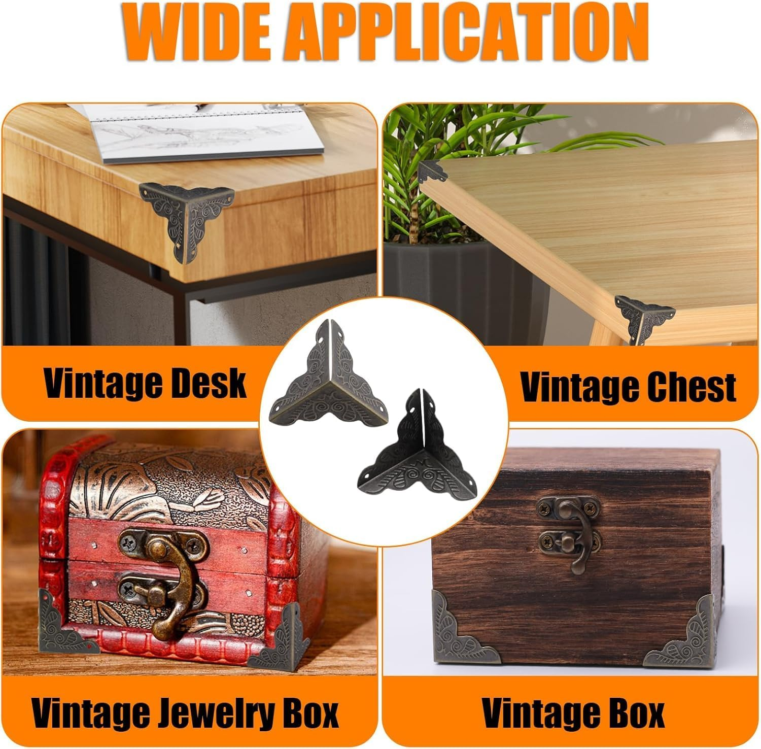 50Pcs Triangle Rattan Carved Wood Case Edge Guard, Vintage Stair Dustcorners Metaldecorativecorner Protector,Stair Dustcorners Antiquecorner Decorative Corner Stair Cornerdust Guards with Screw,Brown image number 5