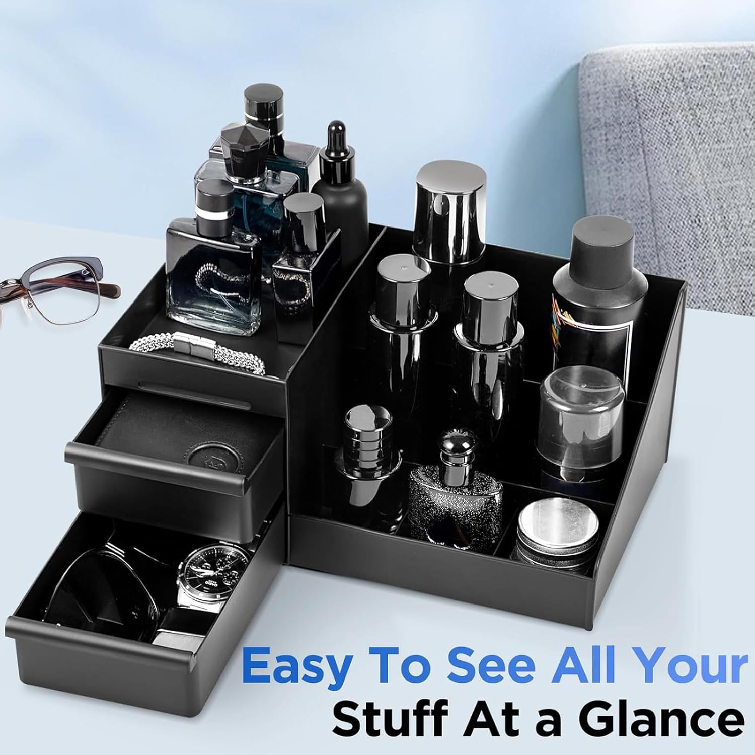 Black Perfume Display Stand with Drawers, Countertop Organizer for Perfume, Cologne, and Accessories, Bathroom Storage Rack for Men and Women, Multi-Purpose Vanity Organizer (26 X 16 X 12 Cm) image number 6