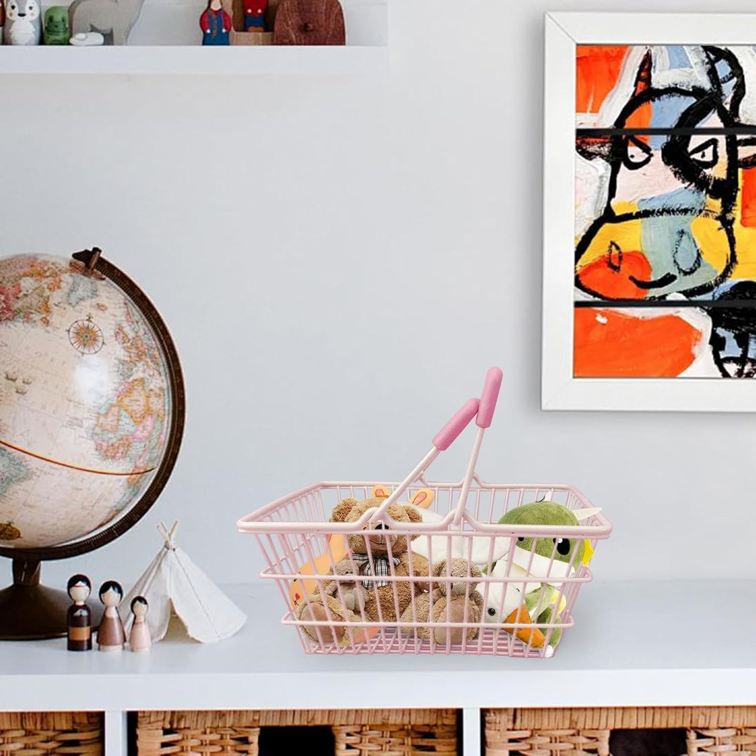 Cyrank Mini Pink Shopping Basket for Kids, Portable Iron Storage Basket with Handles, Good Decoration for Home image number 4