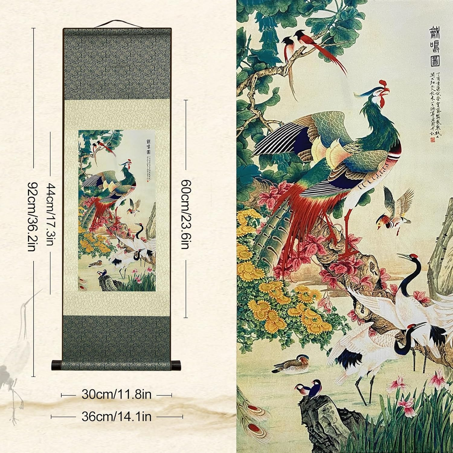 Silk Scroll Painting Asian Wall Decor Birds - Hundred Birds Respect the Phoenix Beautiful Chinese Art Wall Scroll Hanging Painting Scroll Oriental Decor(39 X 12 In) image number 6