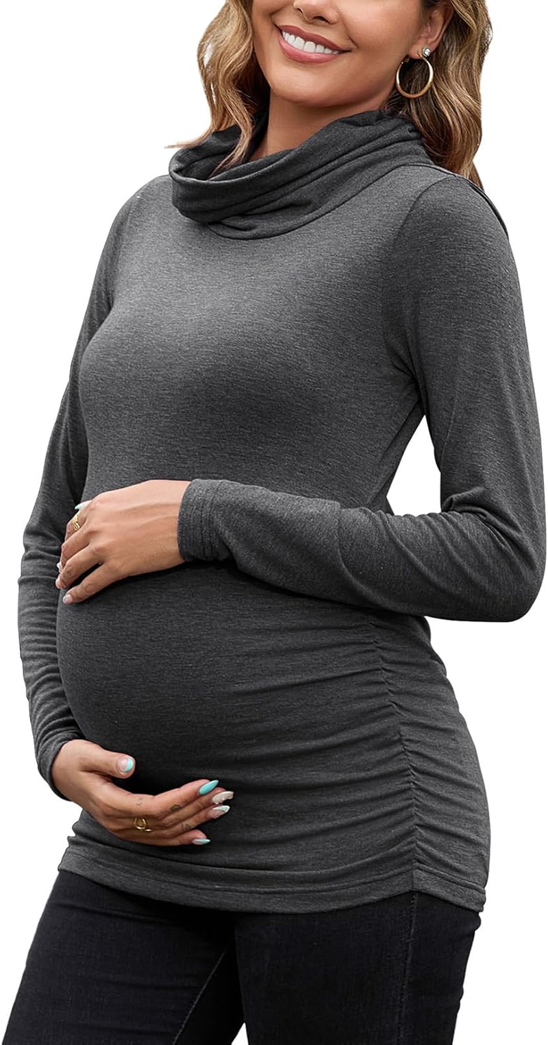 GINKANA Maternity Long Sleeve Shirts Cowl Neck Pregnancy Pullover Tops Basic Lightweight Tee Sweatshirts Tunic