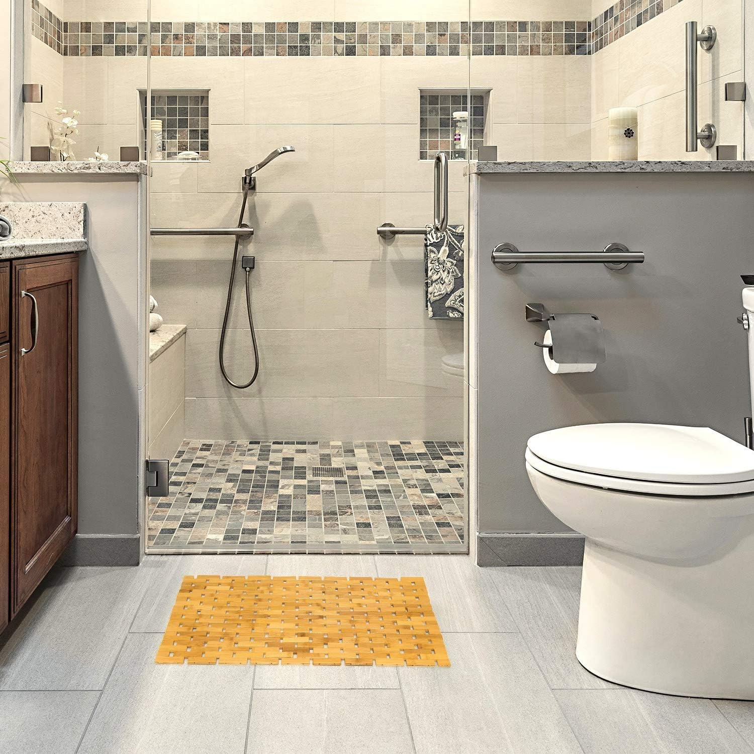 Gonioa Natural Bamboo Bath Mat, Wooden Door Mat Kitchen Floor Bath Rug, Bathroom Shower and Tub Mats, Wooden Bath Mat for Shower, Bath, Spa or Sauna (16 X 24 Inch) image number 6