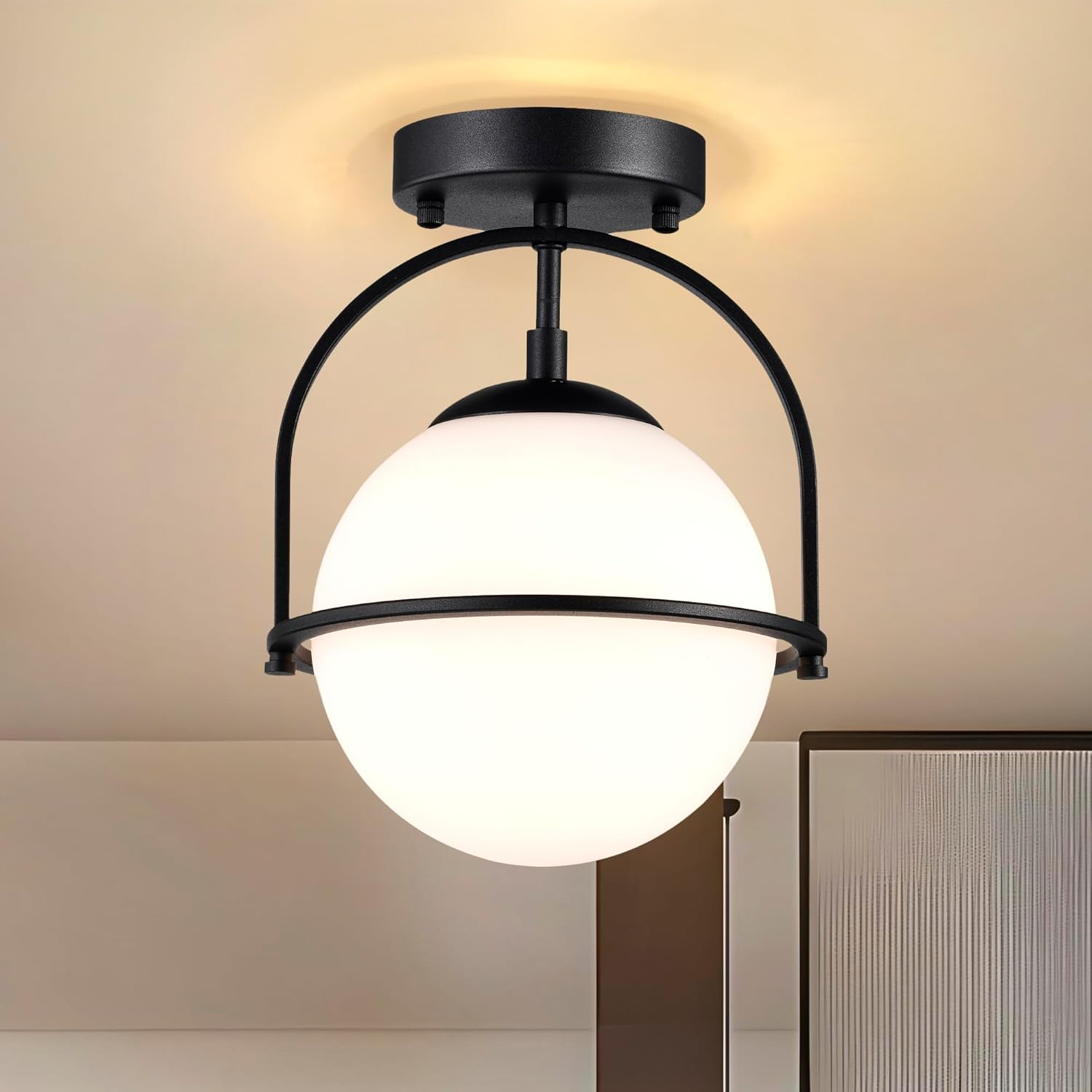 Black Ceiling Lights 18Cm Frosted Glass Globe Mid Century Semi Flush Mount Modern Ceiling Light Fixtures for Bedroom Hallway Entryway Bathroom E27 220V