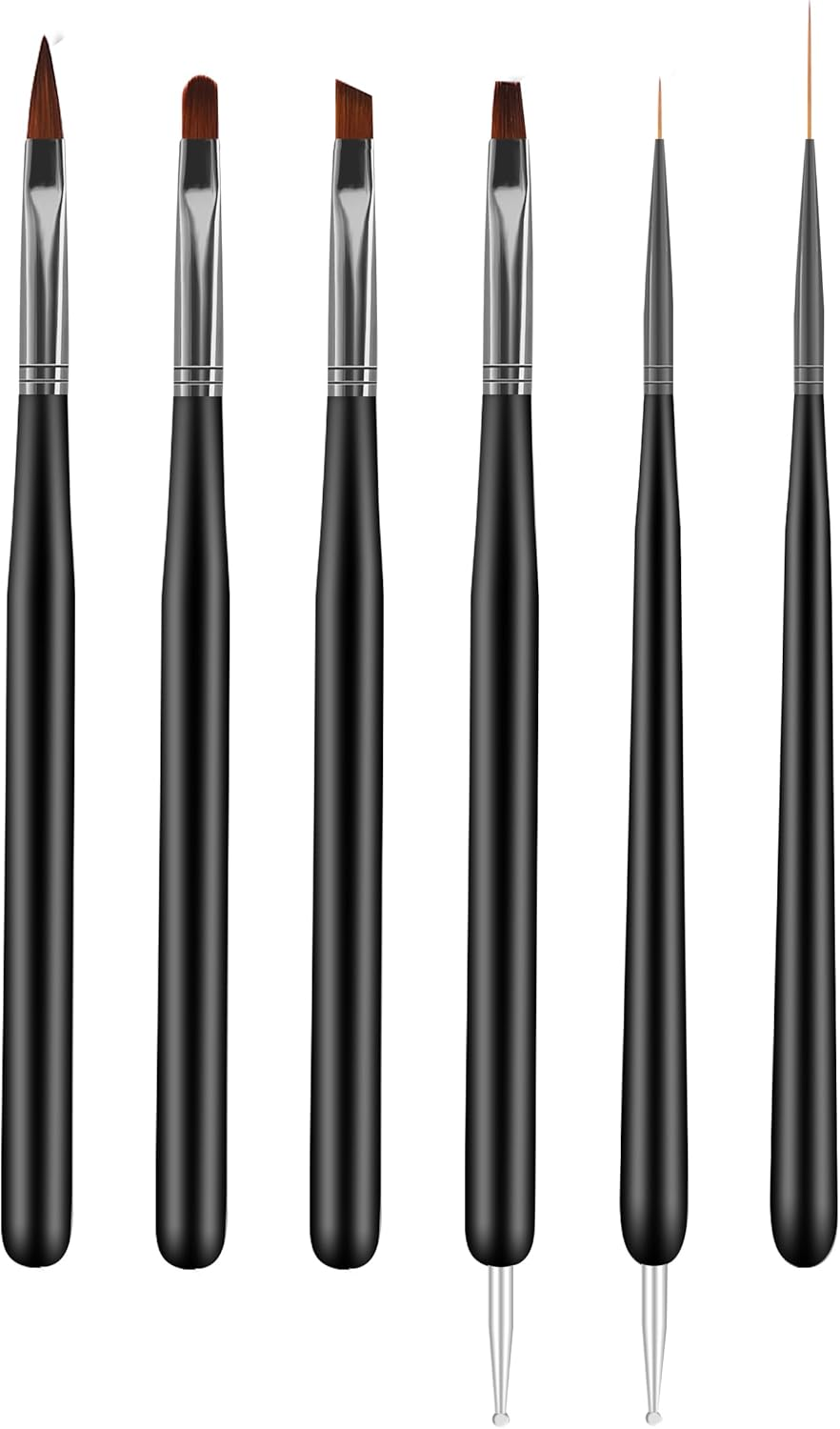 Nail Art Brushes, 6Pcs Nail Art Painting Tools with Nail Art Fine Liner Brush, Nail Design Painting Brushes Set, Builder Gel Brush, Nail Dotting Pen for Gel Polish Manicure Salon DIY, Black