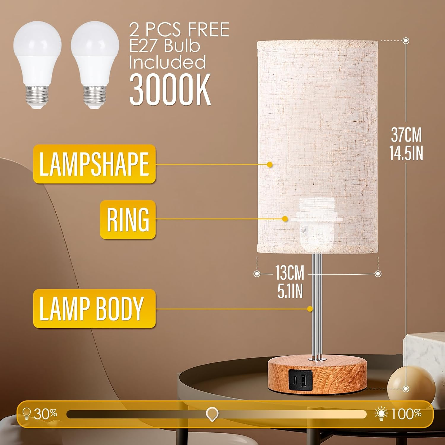 Erumpere Bedside Lamp with USB A+C Port Set of 2 - Touch Control Table Lamp for Bedroom 3 Way Dimmable Nightstand Lamp with Linen Fabric Shade for Living Room, Dorm, Home Office (LED Bulb Included) image number 4