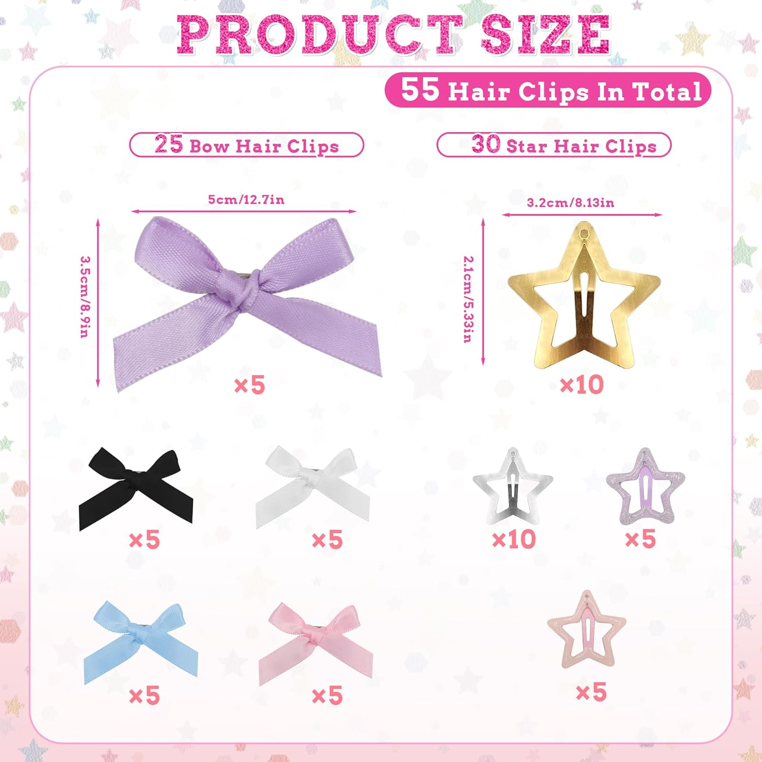 25 PCS Small Hair Bows, 30 PCS No Slip Star Hair Clips, Cute Bow Hair Clips for Women, Metal Star and Satin Bow Barrettes for Hair Decor (Colorful) image number 5