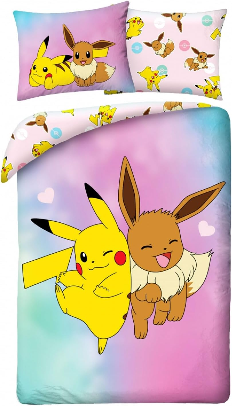 Pokemon Pikachu and Eevee - Duvet Cover 140 X 200 Cm + Pillowcase 70 X 90 Cm - Reversible - 100% Polyester - Multicoloured